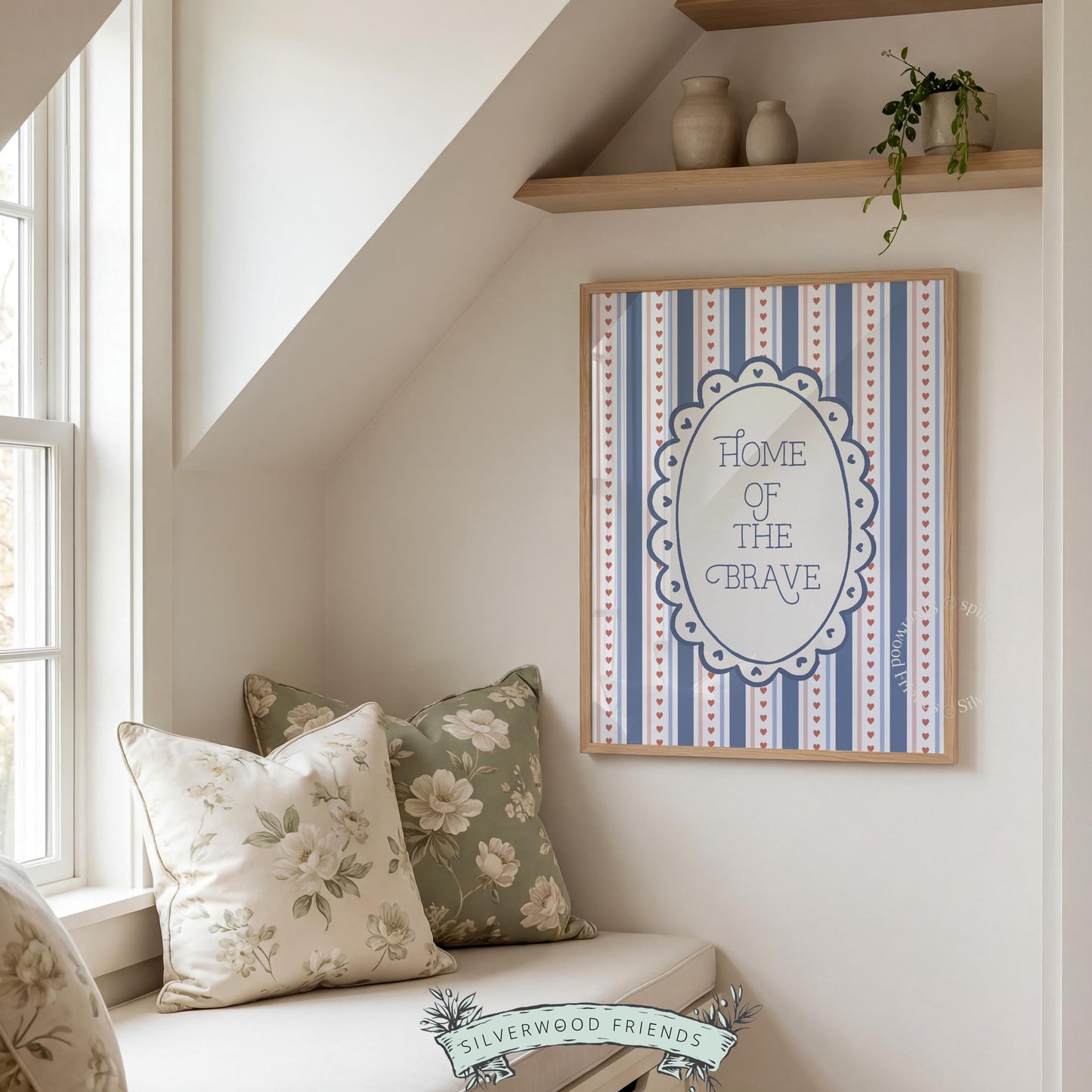 Land of the Free gallery wall poster — cozy farmhouse-style typography print with navy and cream palette