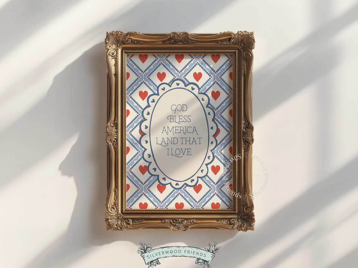 Land of the Free printable artwork featuring folk-inspired scalloped frame and lattice background