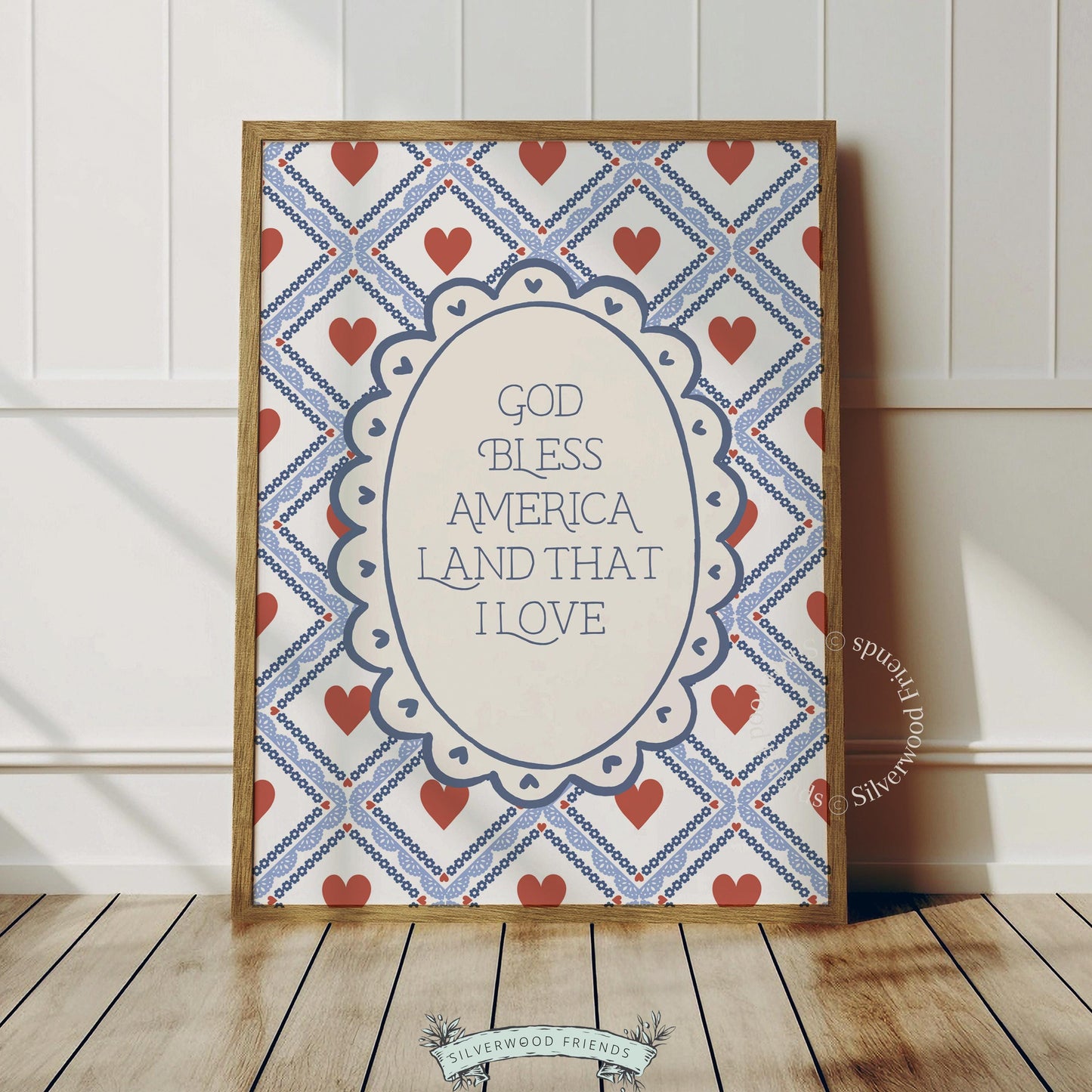 God Bless America wall art instant download — retro scalloped oval frame with patriotic color palette