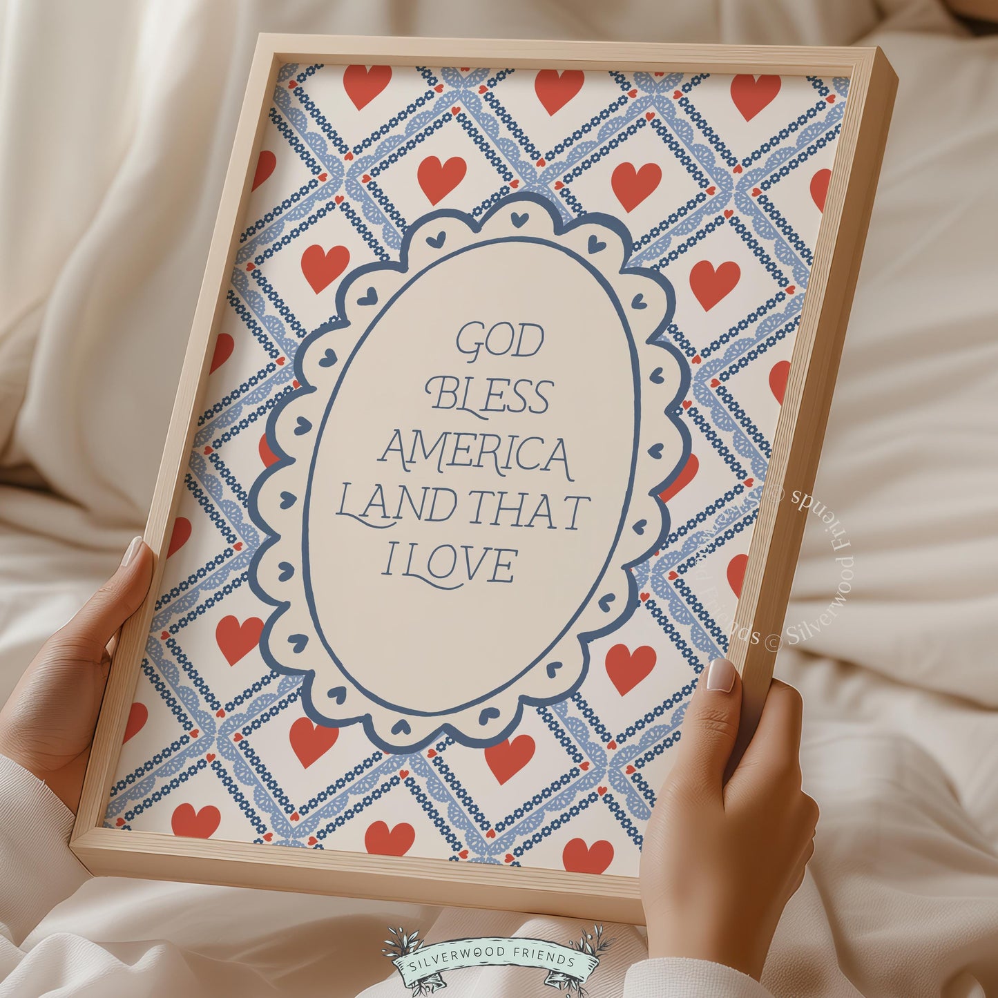 Americana typography instant download for bedroom — cottage-style scalloped frame with red heart details