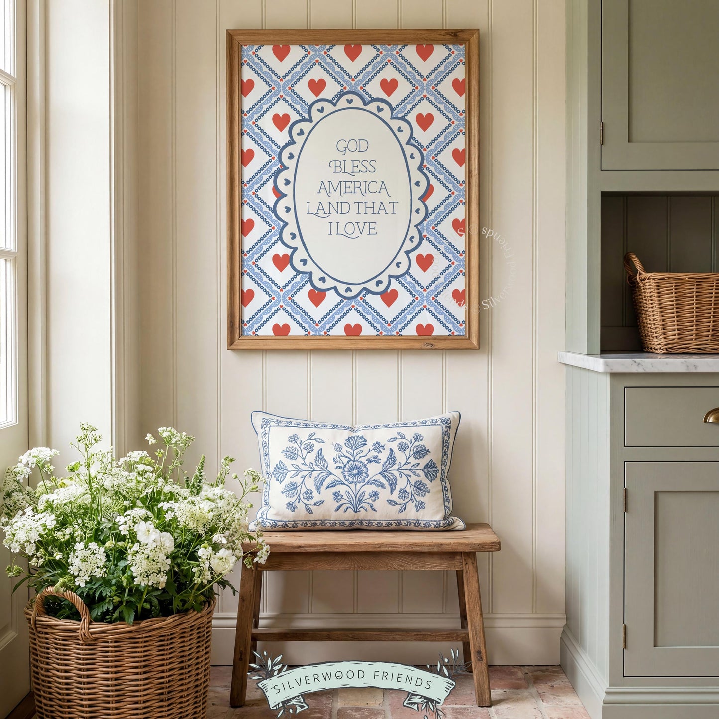 God Bless America gallery wall art — folk-art typography with festive geometric diamond lattice background