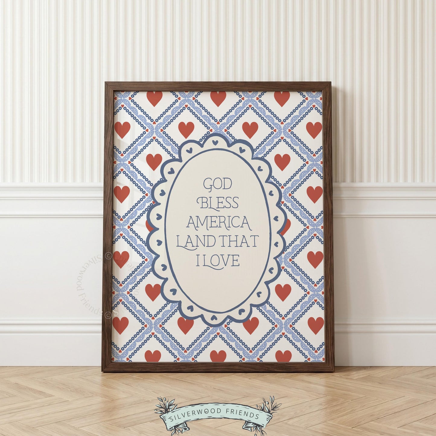 Patriotic typography wall picture — folk-art style text in classic geometric frame with heart motifs