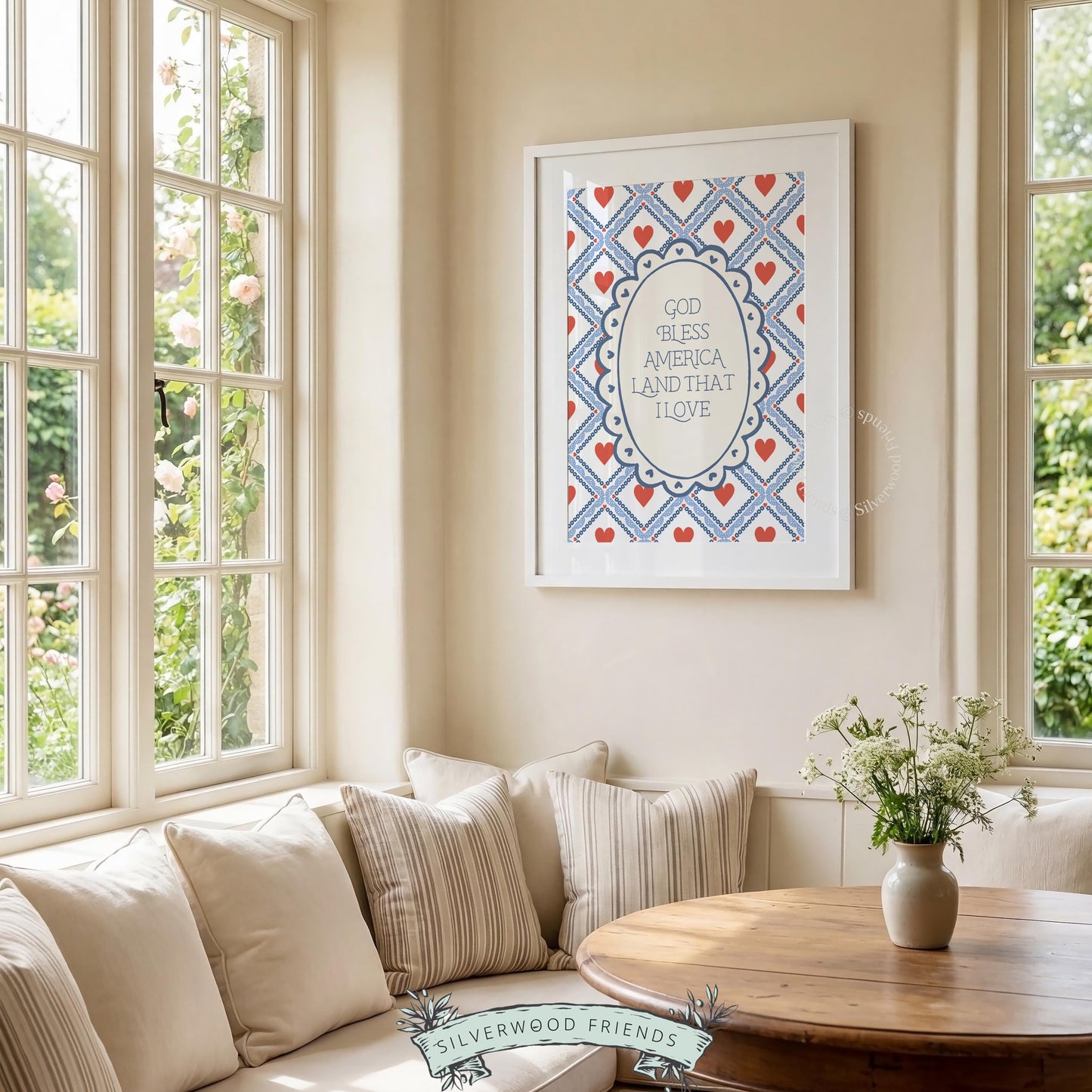 Land That I Love printable wall decor featuring scalloped medallion frame and crimson lattice design