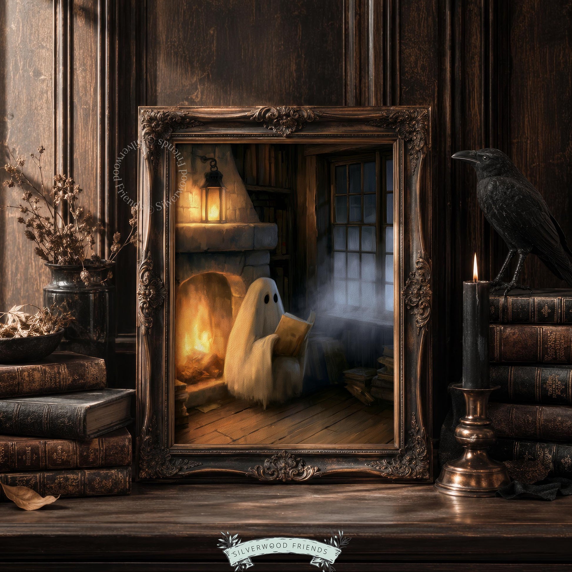 Ghost creature illustration poster for fall decor — haunting scene with textured oil painting style