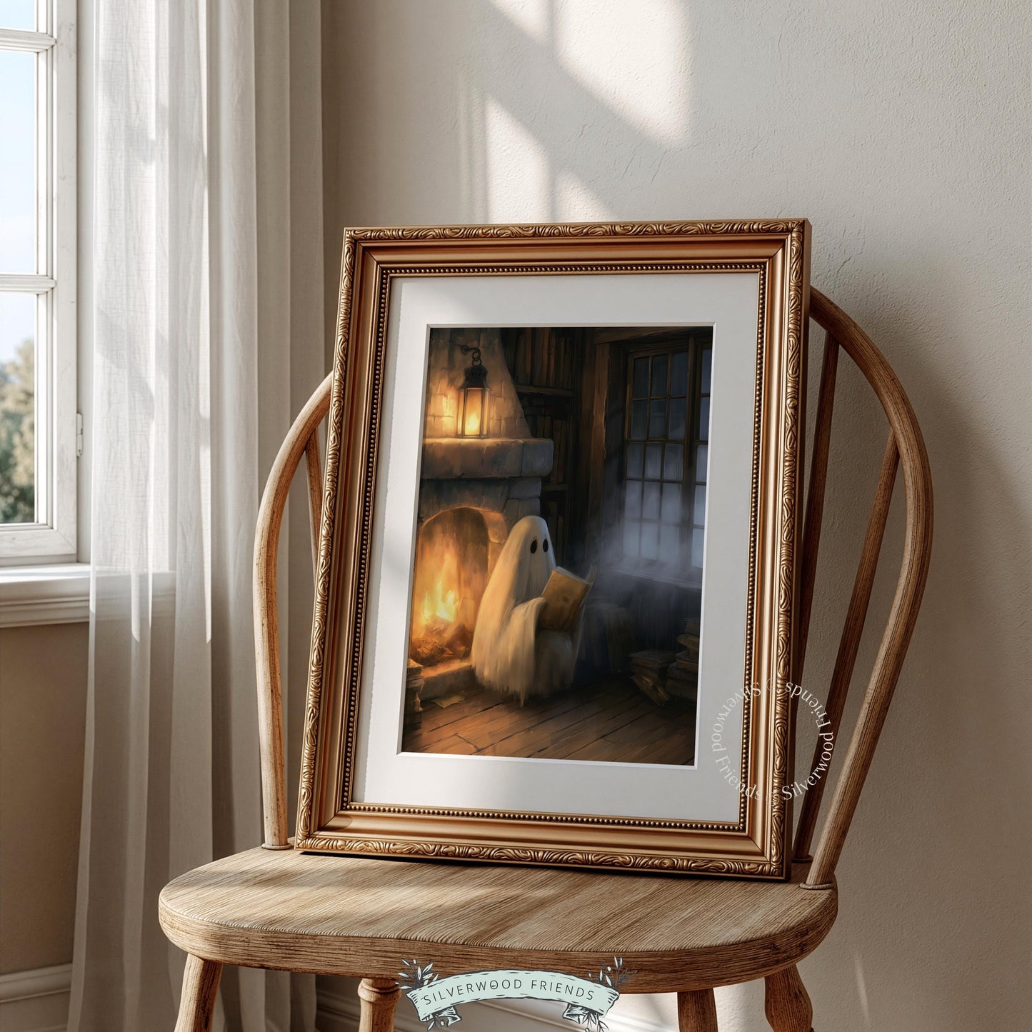 Cute ghost sitting painting wall art for front door — Halloween decor with cozy cabin atmosphere