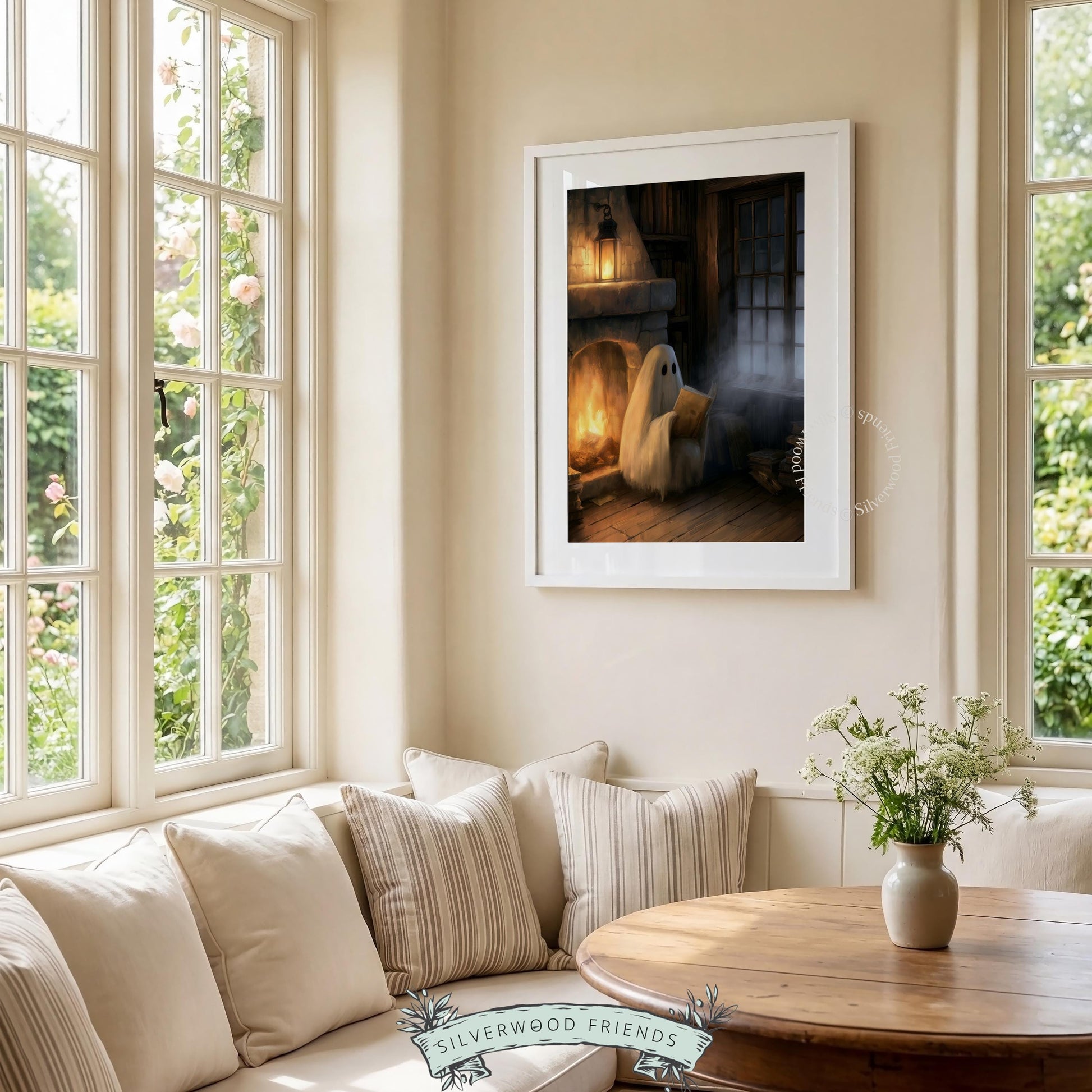 Whimsical phantom artwork for bedroom — spooky autumn printable with warm glowing fireplace
