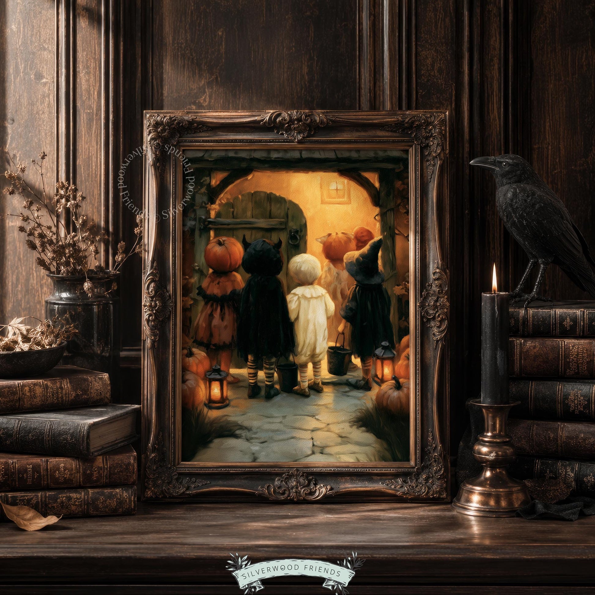Kids carrying candy buckets picture for fall décor — vintage-inspired Halloween scene with ivy-framed cottage entrance