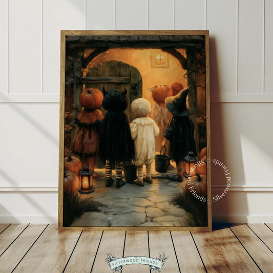 Young ghosts and ghouls at glowing entrance wall poster — vintage cottagecore Halloween illustration with rich atmospheric color
