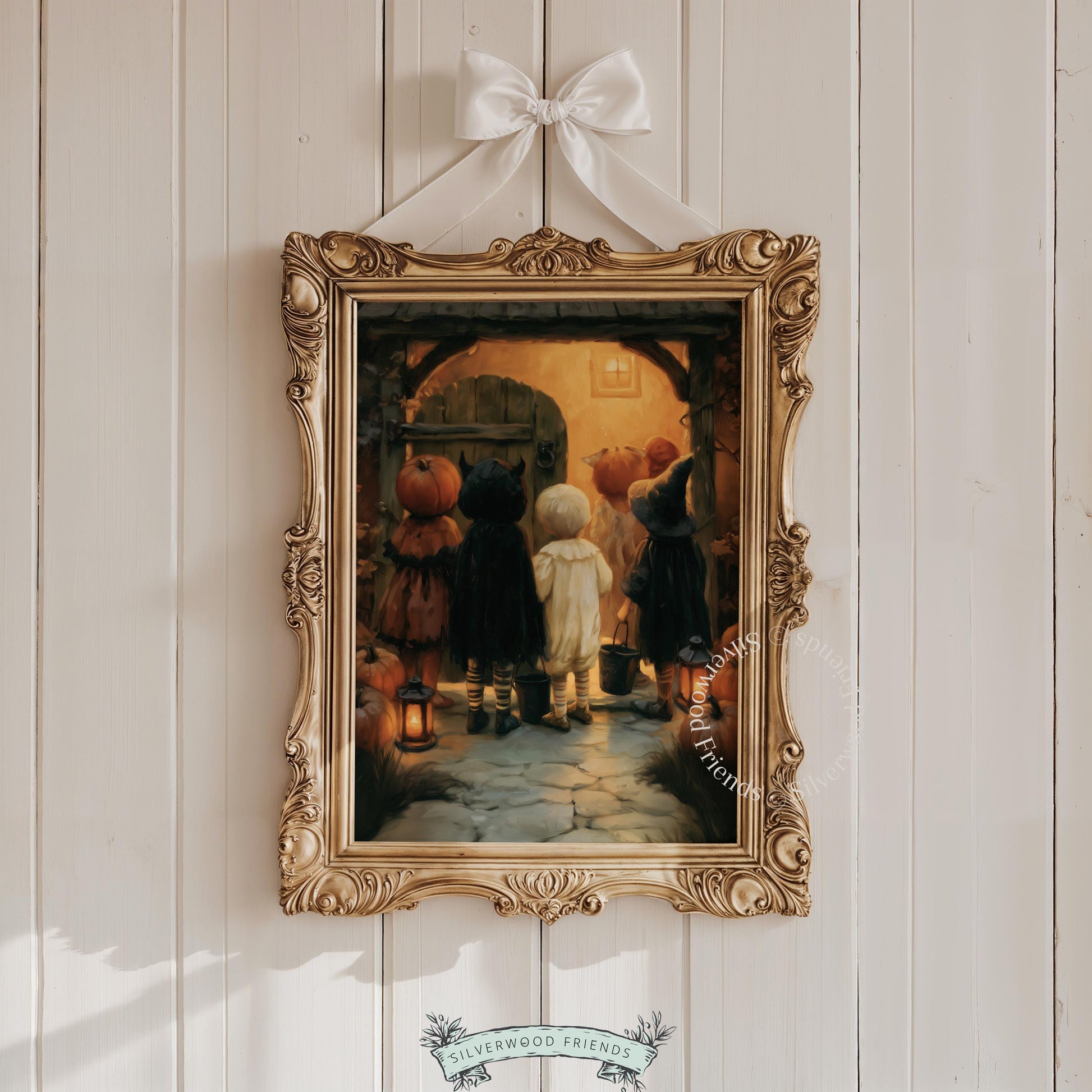 Nostalgic trick-or-treat gathering printable art for seasonal entertaining — warm oil-painting aesthetic with shadowy porch scene