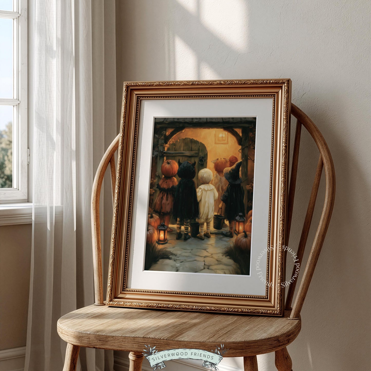 Halloween night celebration painting for entryway — soft brushwork capturing nostalgic candy-collecting tradition indoors