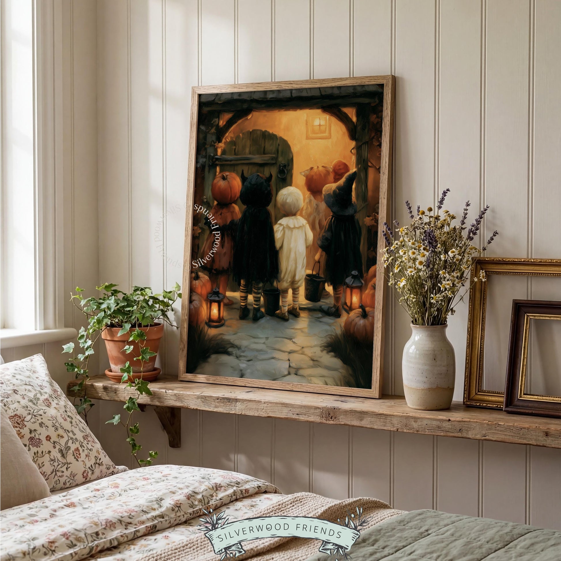 Costume-parade Halloween night picture for witchy home décor — textured antique-style artwork with amber lantern lighting