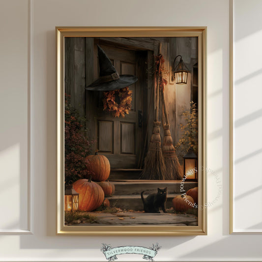 Dark academia front door artwork instant download — cozy witch cottage with textured painted aesthetic
