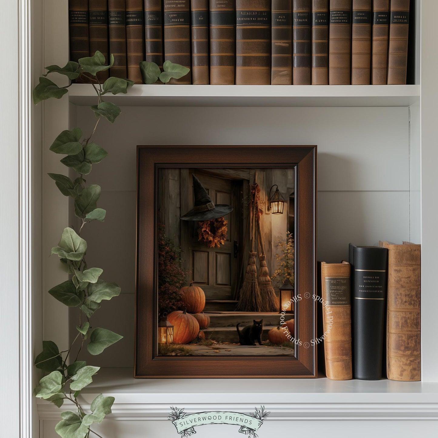 Haunted doorway poster for living room — cozy autumn Halloween aesthetic with deep textured colors