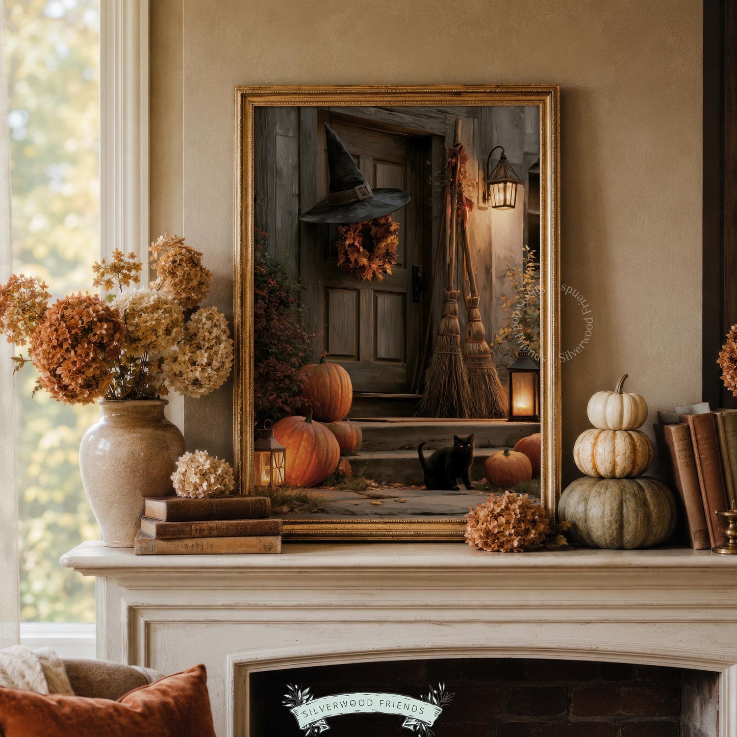 Spooky porch illustration wall art for hallway — cozy witch aesthetic with orange glow and dark tones