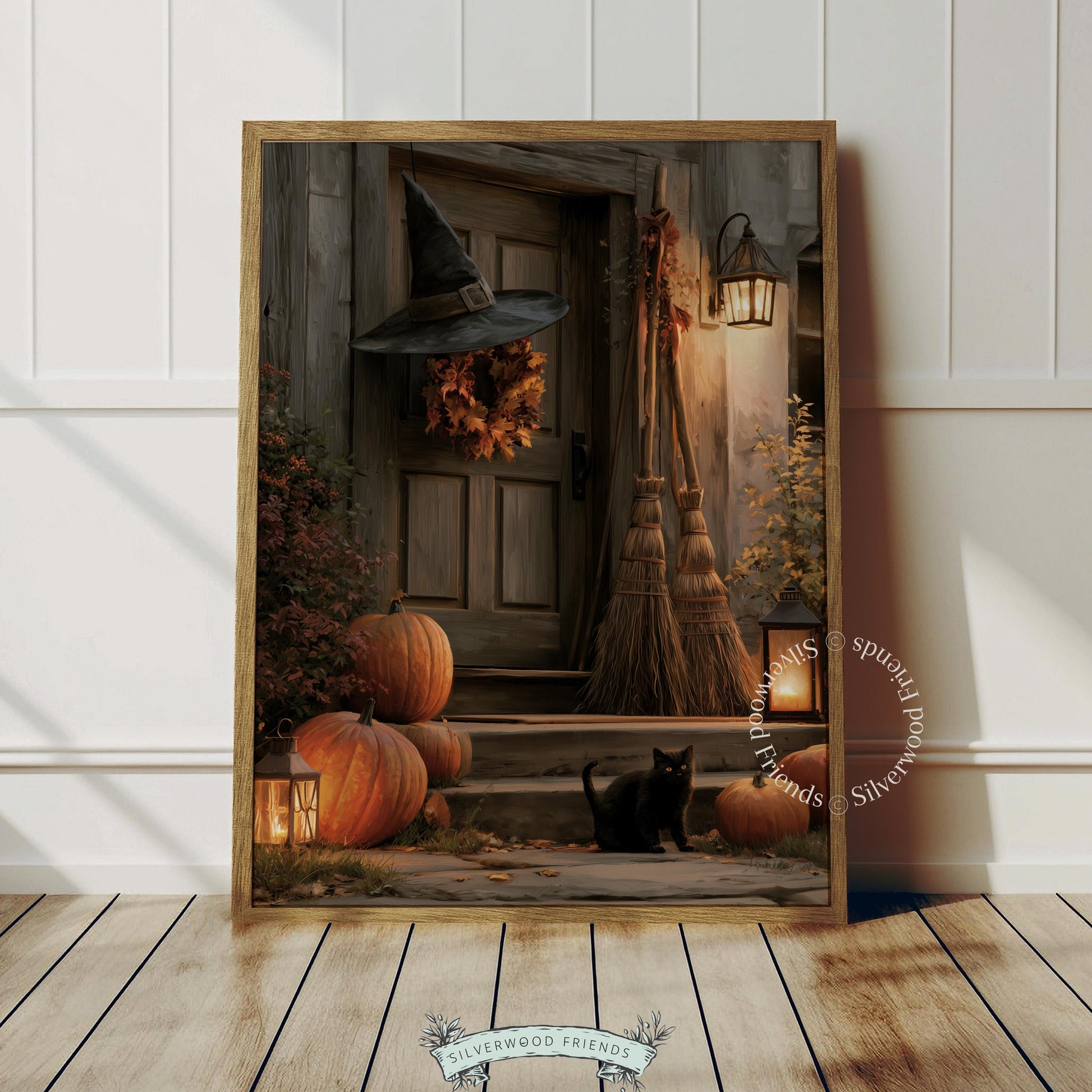 Halloween entryway artwork digital file — cozy cottage aesthetic with candlelit pumpkins and mystical door