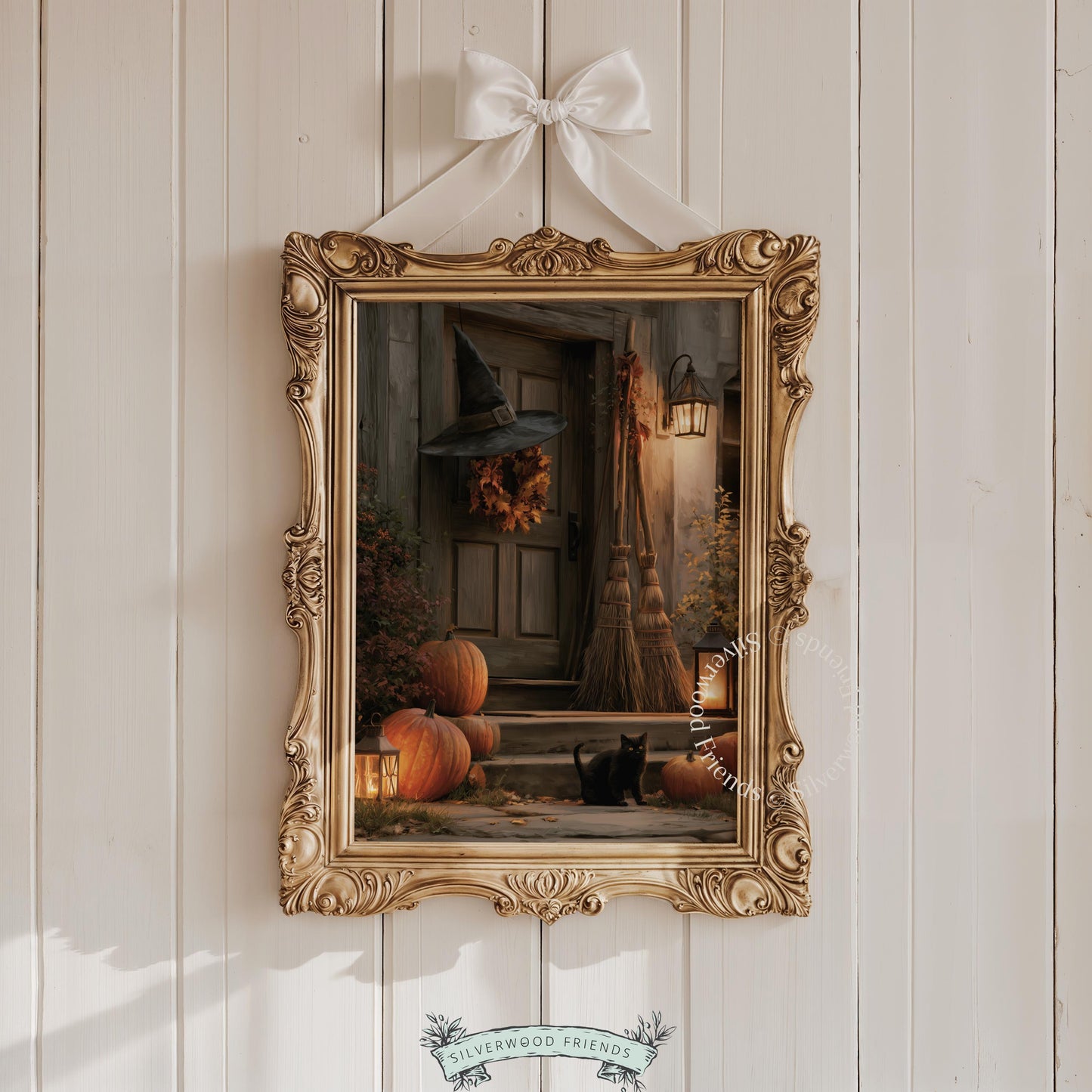 Spooky fall door painting wall art for bedroom — textured rustic scene with warm burnt orange hues