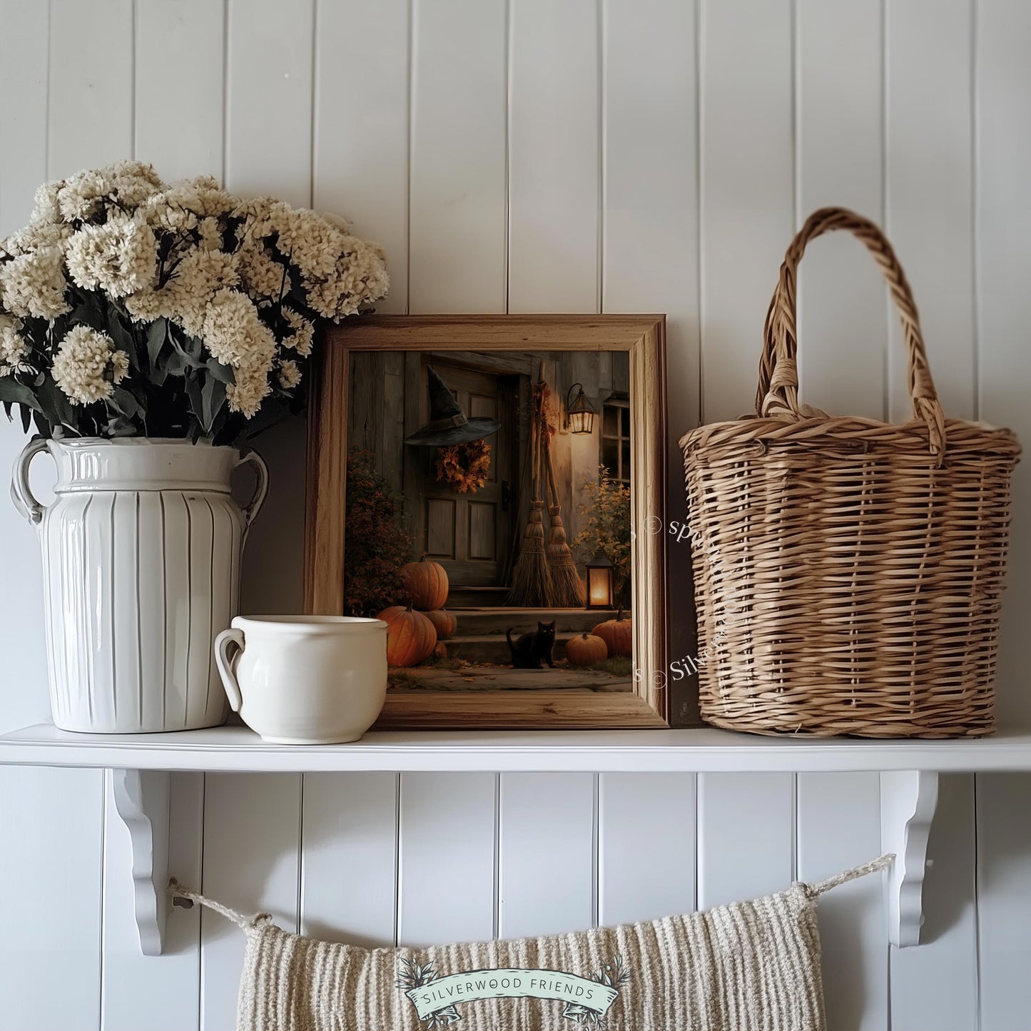 Witchy porch digital poster for seasonal hosting — moody cottage entrance with glowing lantern warmth