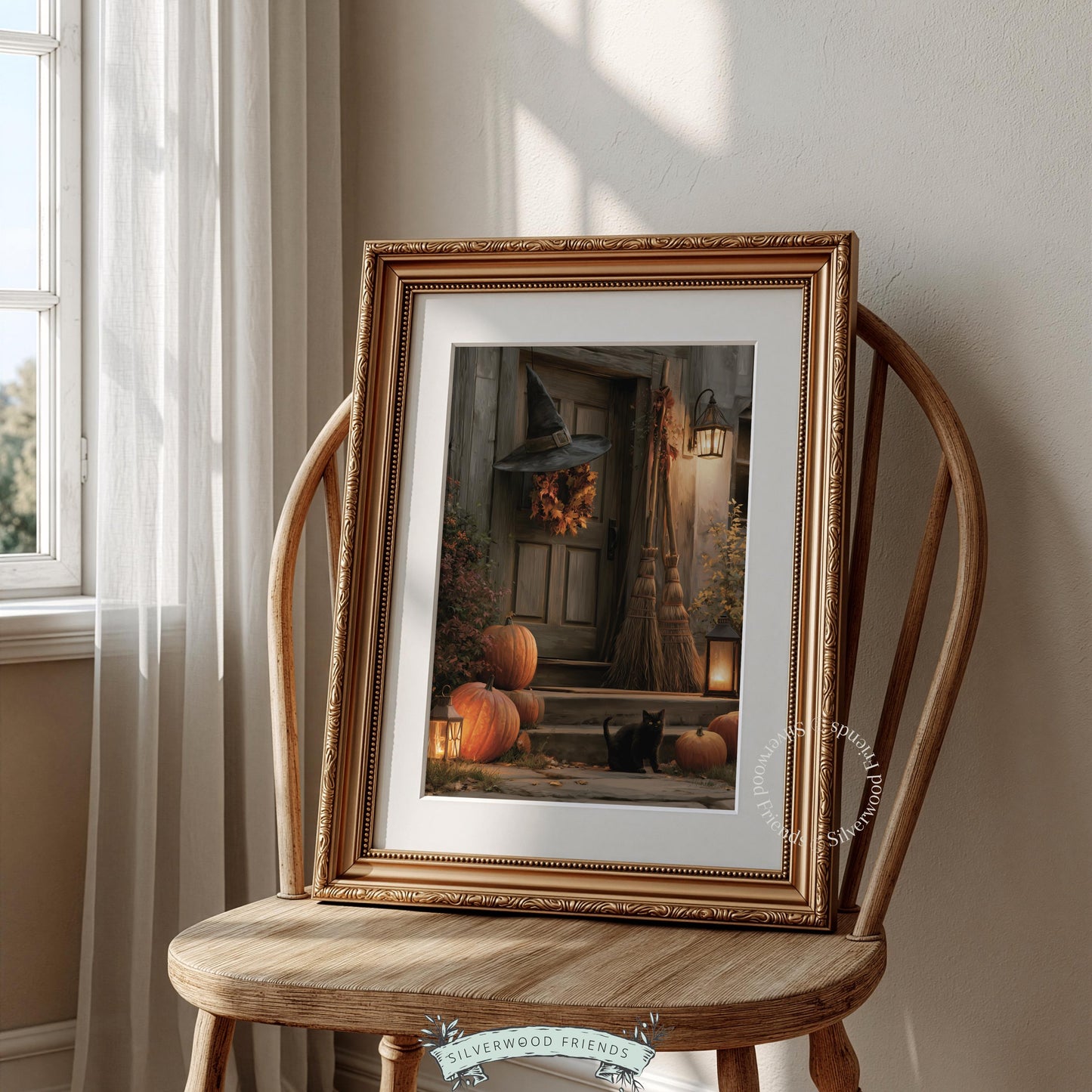 Dark cottagecore wall art printable instant download — rustic doorway with festive Halloween elements