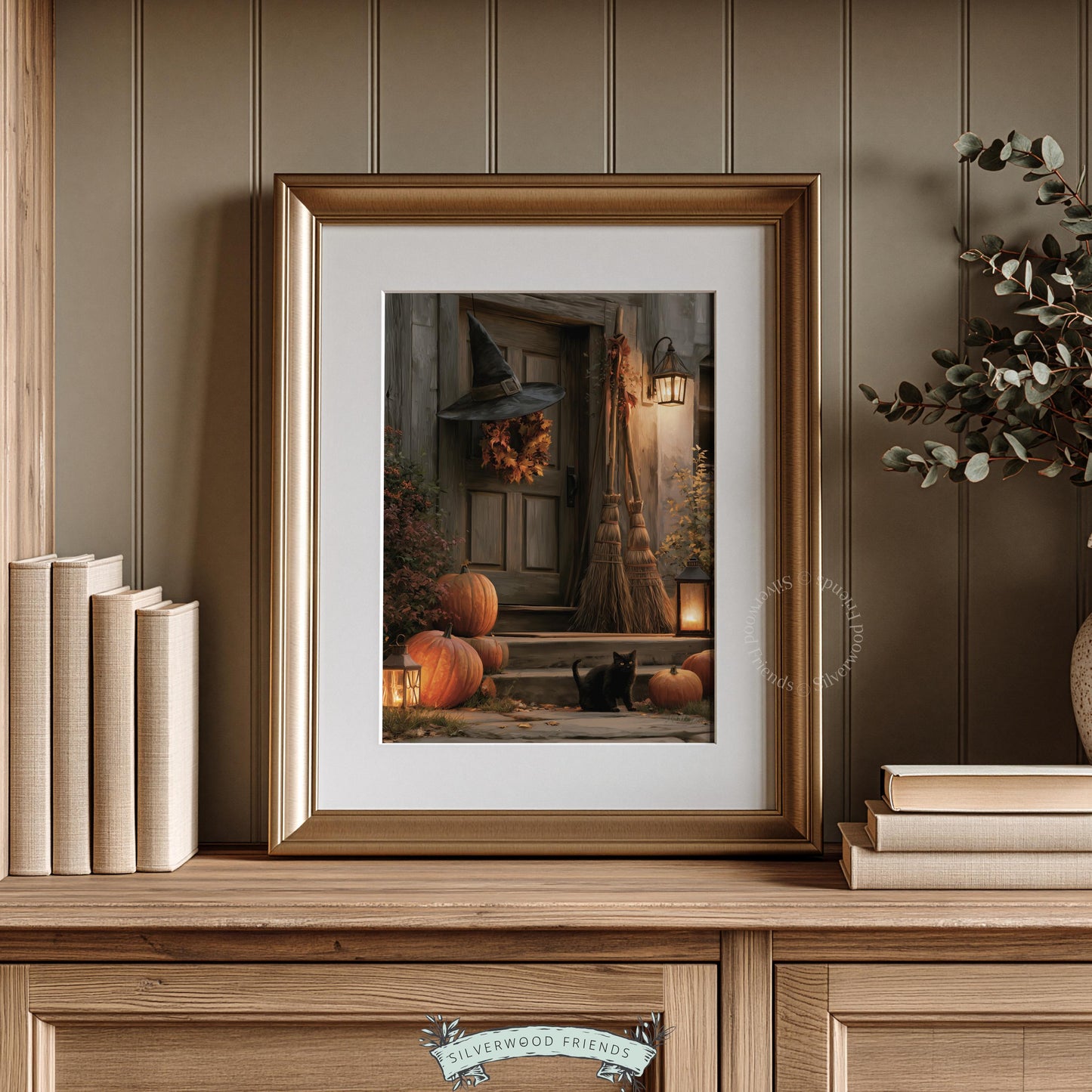 Black cat autumn print for Halloween décor — weathered wooden doorway with festive decorative elements