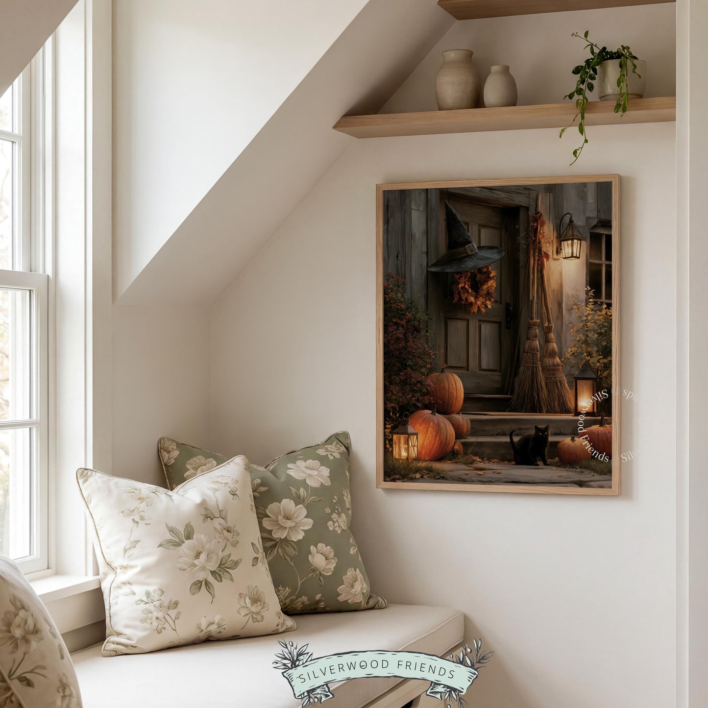 Autumn witch house poster for home décor — shadowy entrance featuring broomstick, wreath, and feline companion