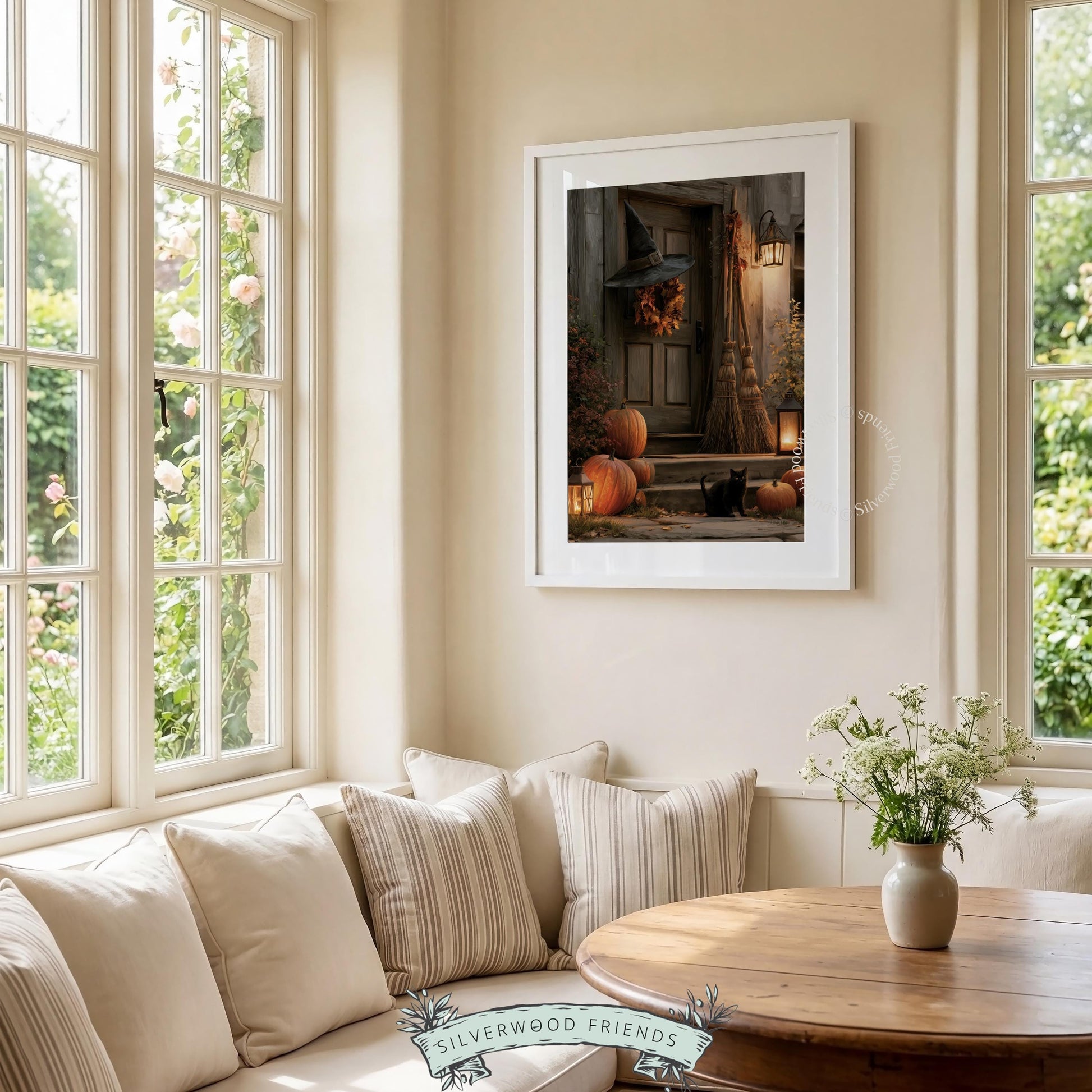 Cottagecore Halloween picture digital art download — spooky home entrance with warm amber lighting