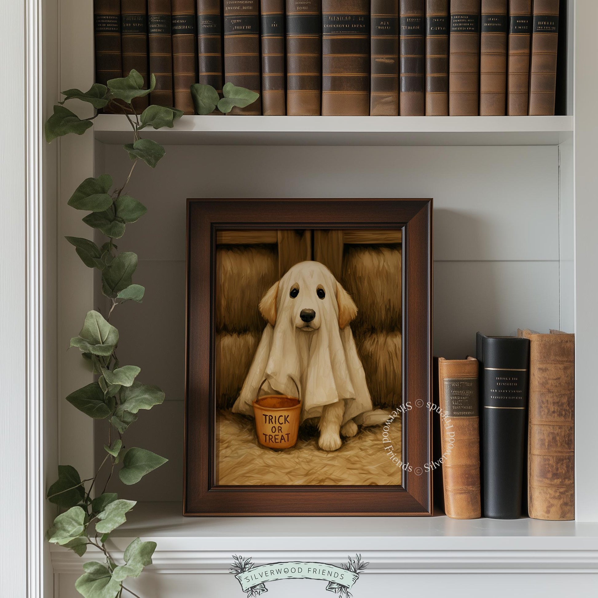Ghost dog with orange candy bucket wall art for kids room — cozy autumn digital painting with warm amber tones