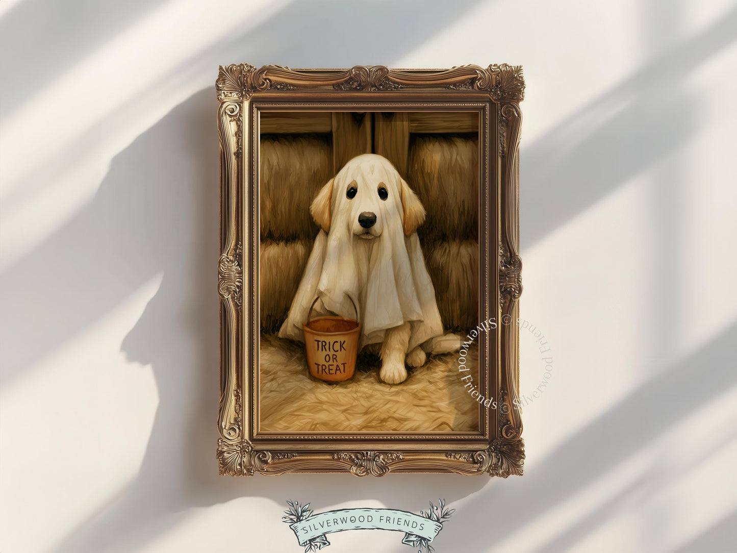 Golden retriever ghost wall art printable for playroom — cozy trick-or-treat themed artwork with vintage farmhouse style