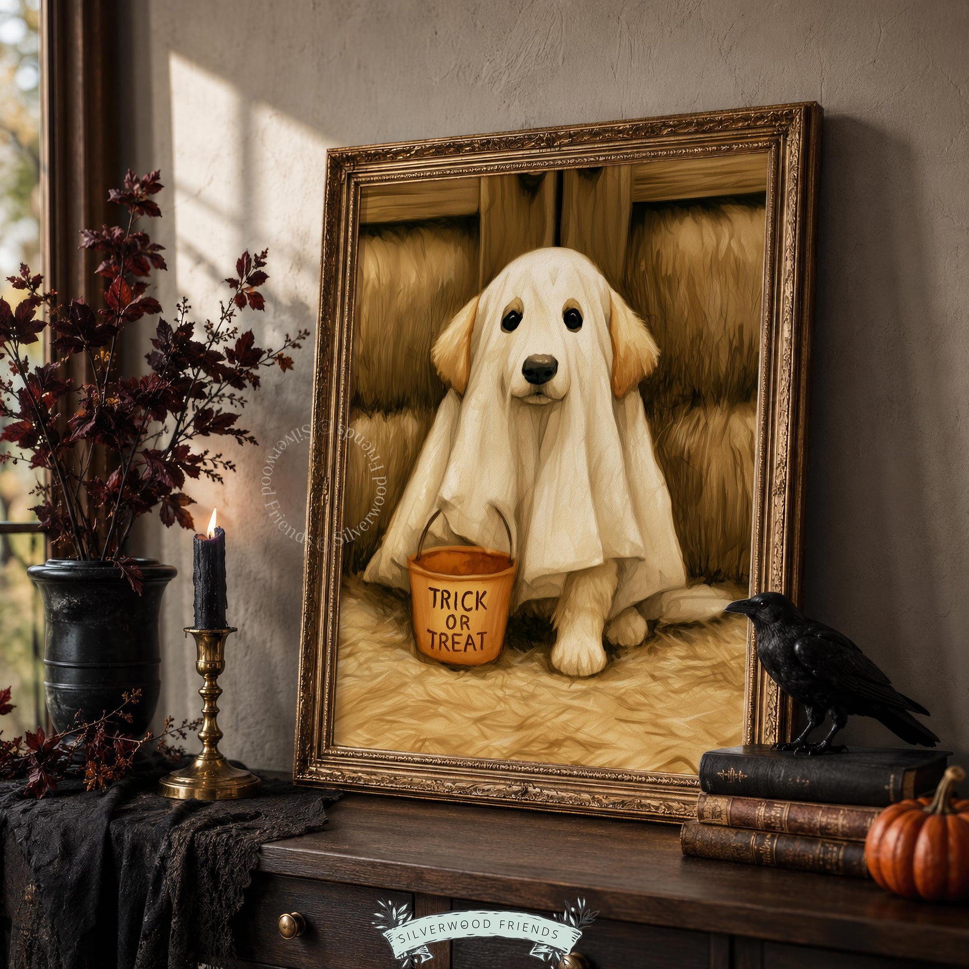 Halloween puppy ghost poster instant download — charming vintage painted art with warm cottage core aesthetic