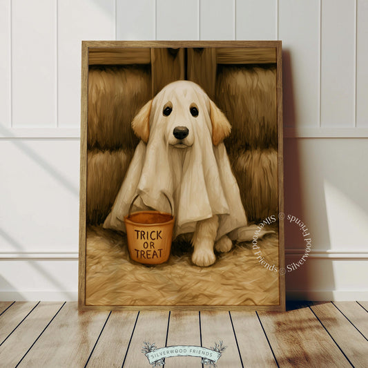 Sweet dog ghost picture for fall décor — printable cozy artwork with warm tones and rustic country aesthetic
