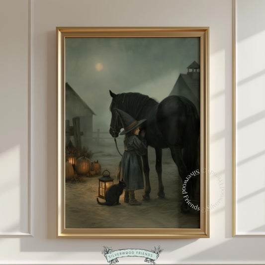 Young spell-caster with equine companion digital art — vintage moody autumn wall decor with atmospheric full moon