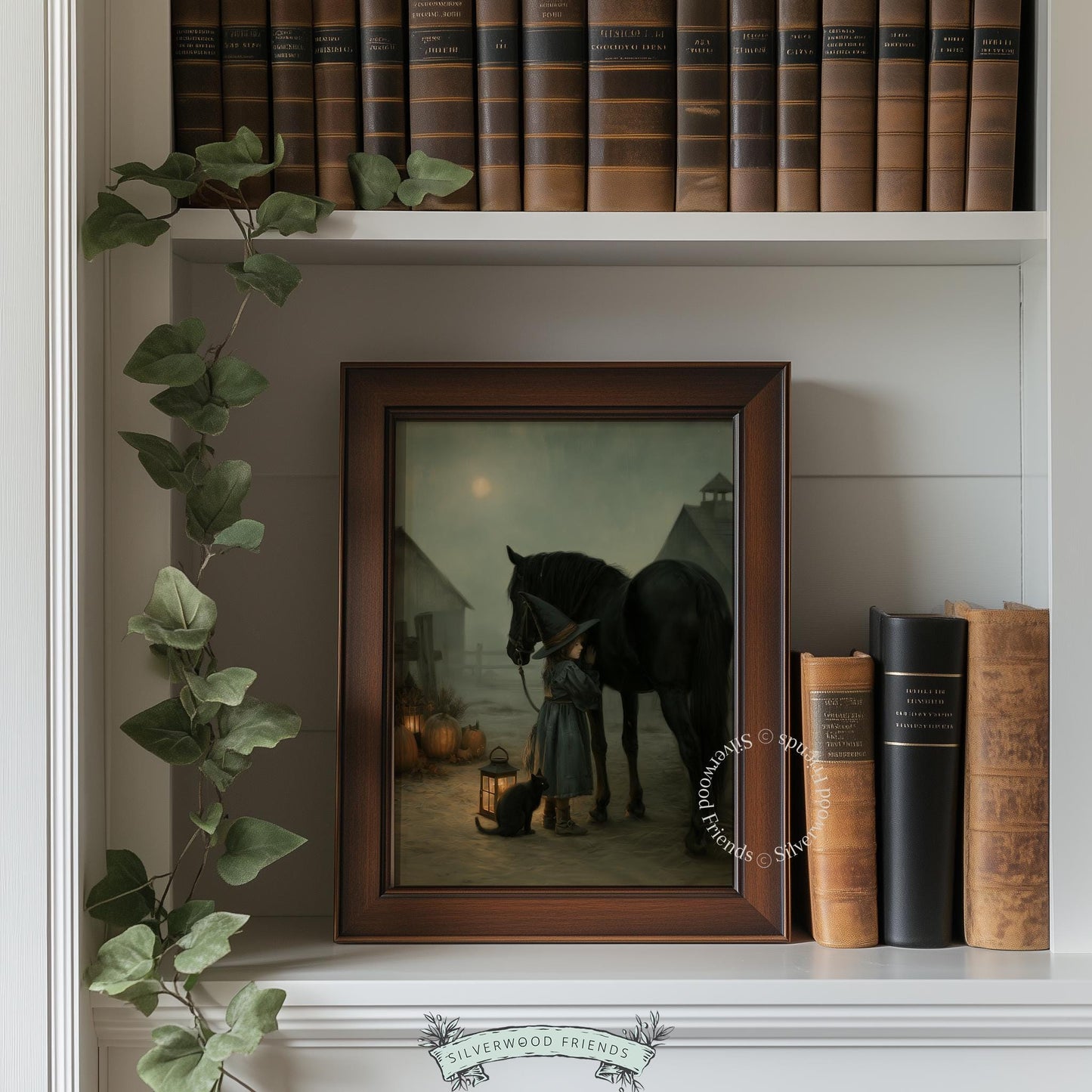 Mystical witch with lantern and cat artwork — dark, atmospheric fall hosting decor with moody pumpkin display
