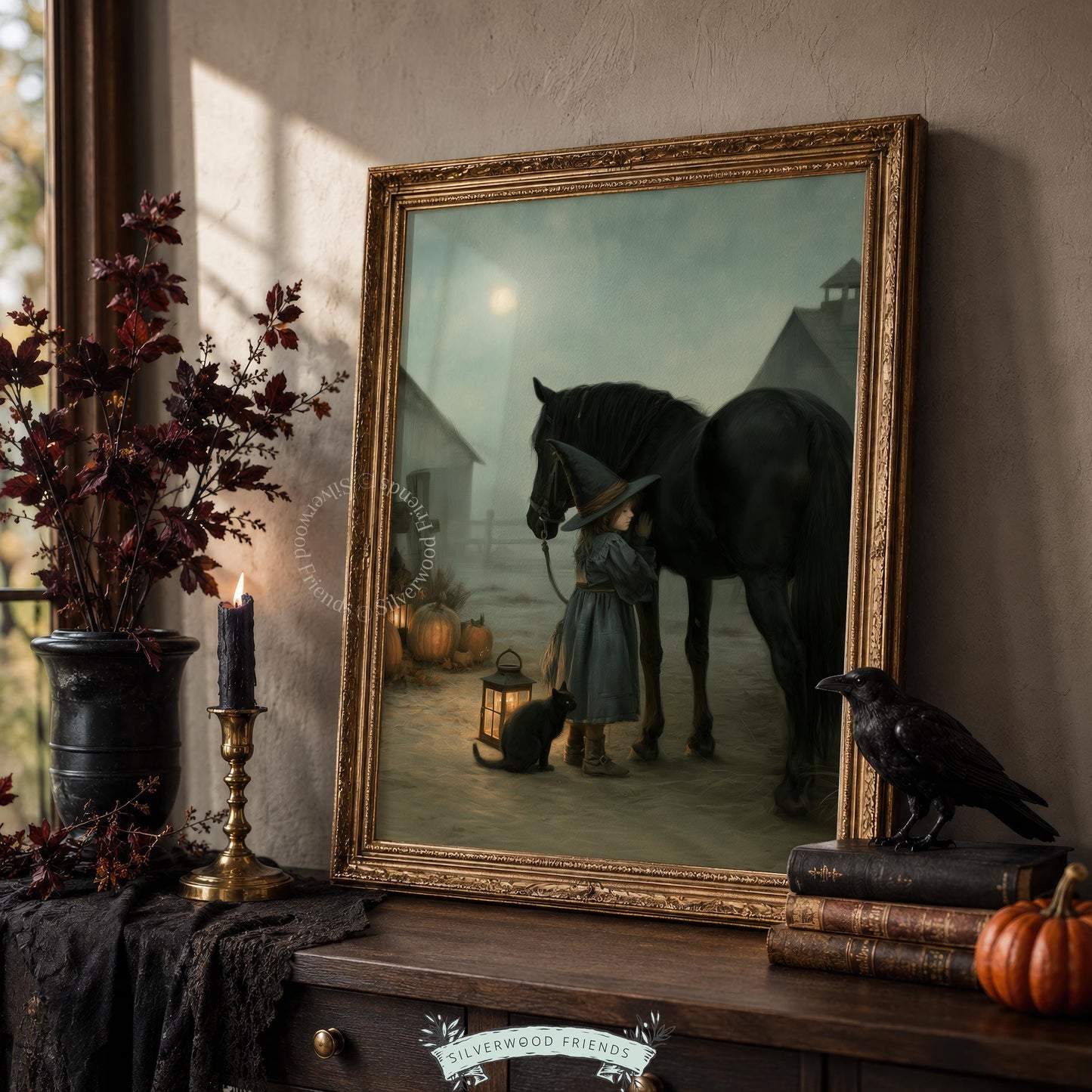 Young witch with black horse printable art for bedroom — spooky vintage Halloween illustration with glowing lantern