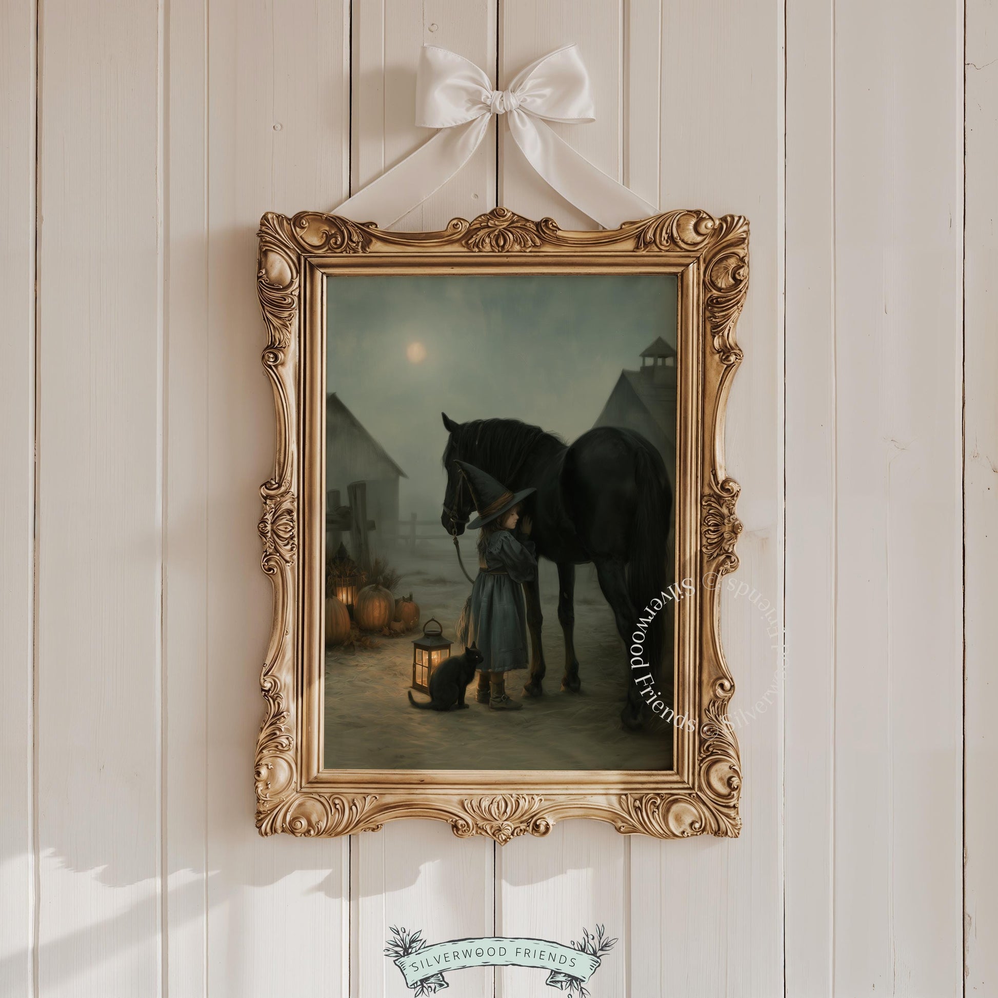 Little witch and horse digital print for hallway — haunting vintage Halloween scene with foggy full moon glow