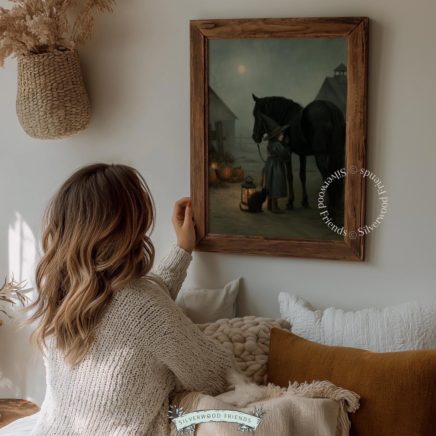 Witchy girl with black steed painting for front door — moody fall decor featuring candlelit jack-o-lanterns