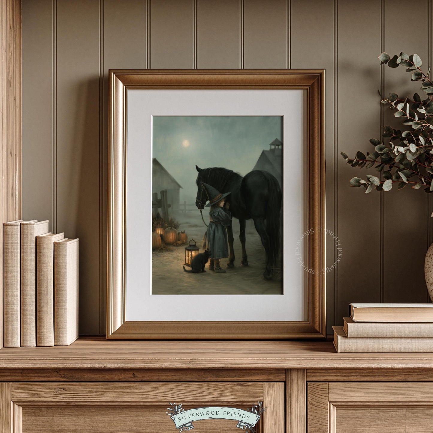 Black cat witch autumn picture for entryway — atmospheric dark academia decor with rustic barn background