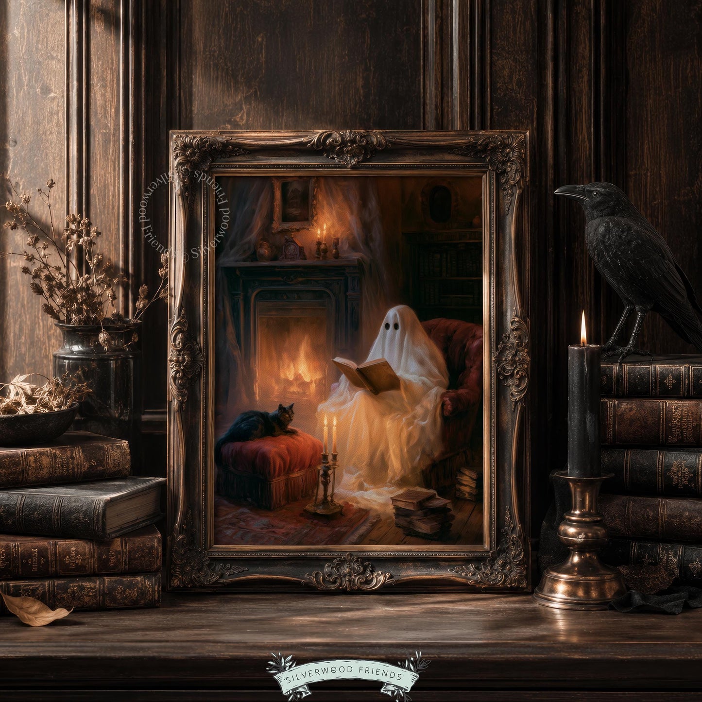 Fall hosting decor picture — friendly ghost portrait by warm fire with velvet seating and intimate ambiance