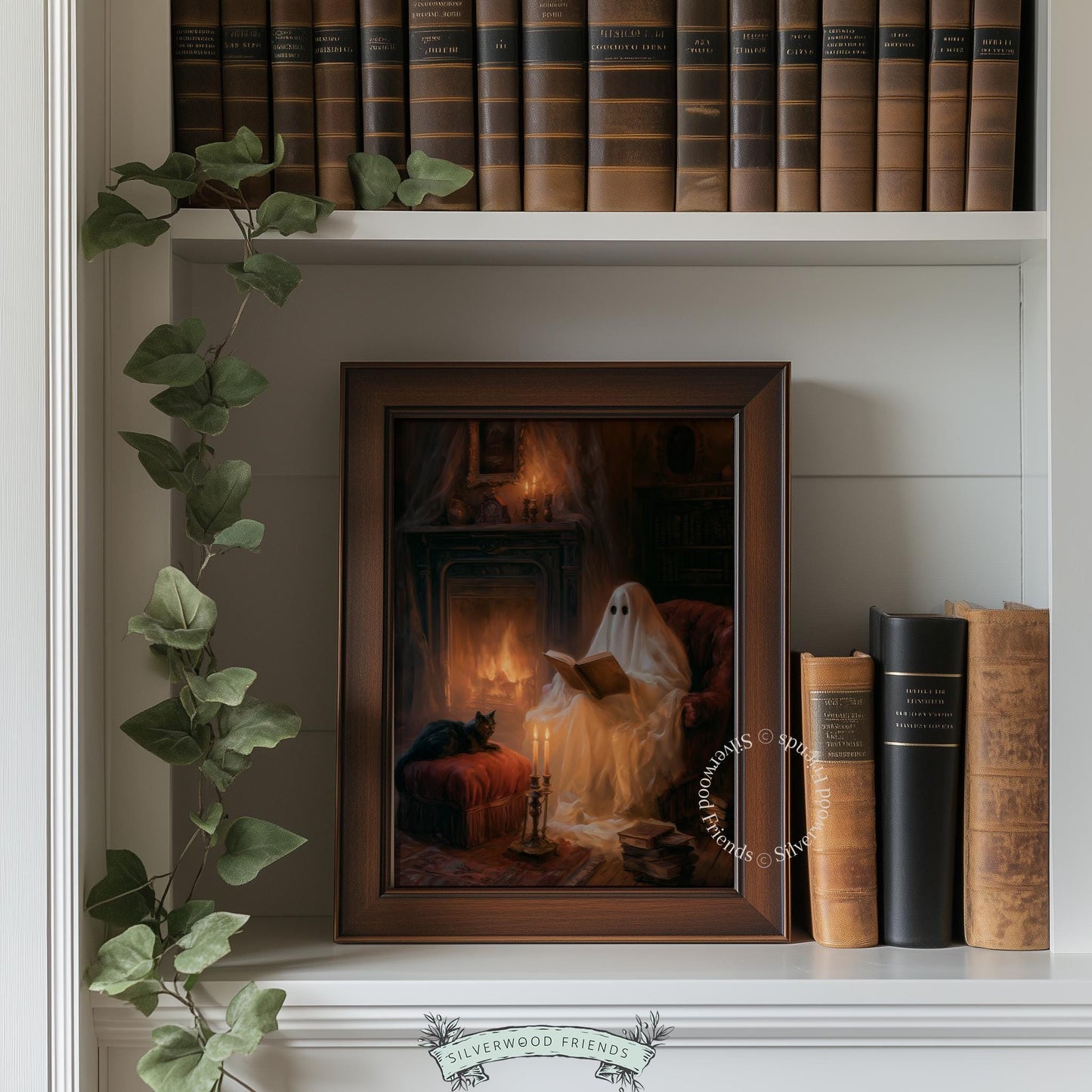 Vintage-style Halloween wall poster featuring spirit reader — intimate fireplace scene with moody autumn colors