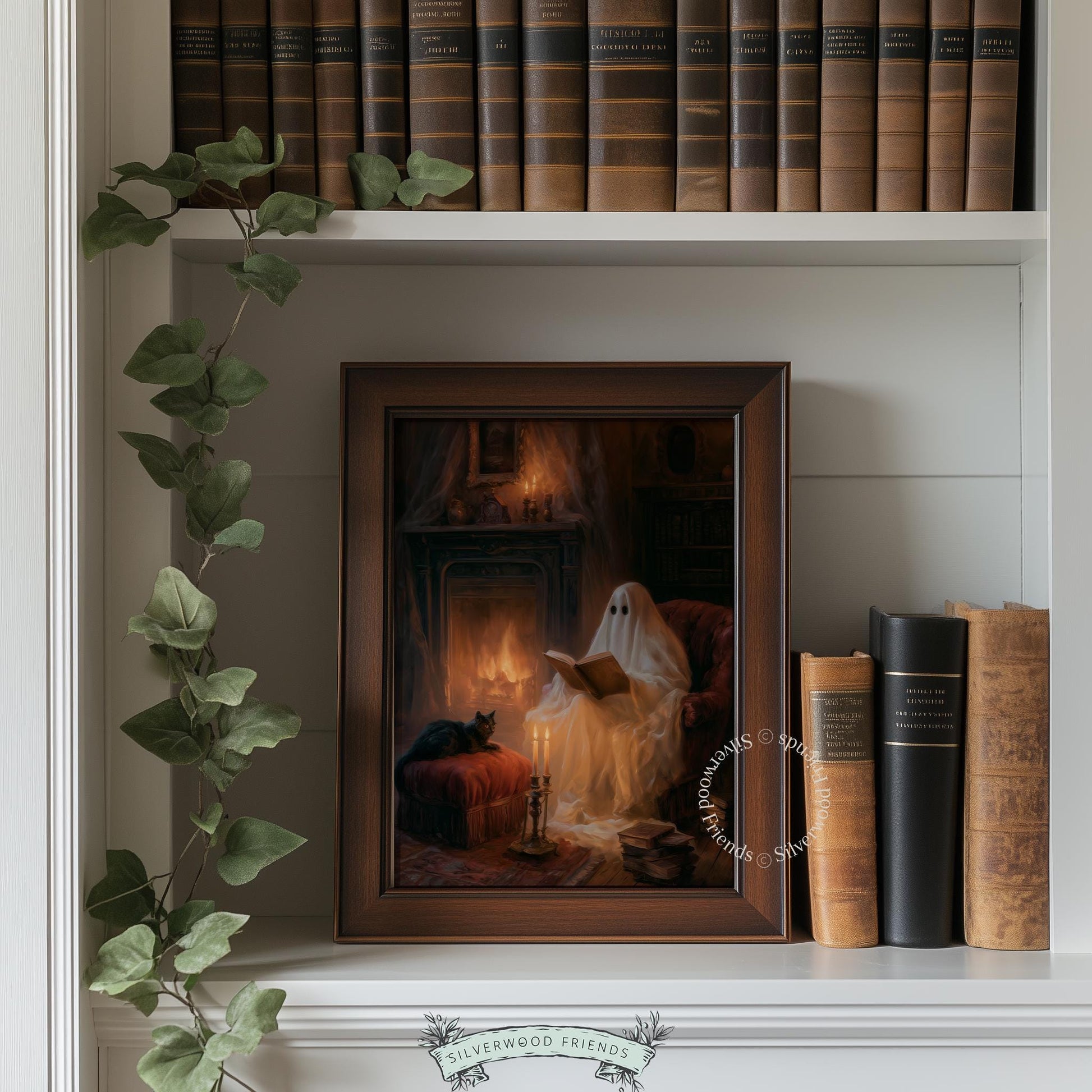 Vintage-style Halloween wall poster featuring spirit reader — intimate fireplace scene with moody autumn colors