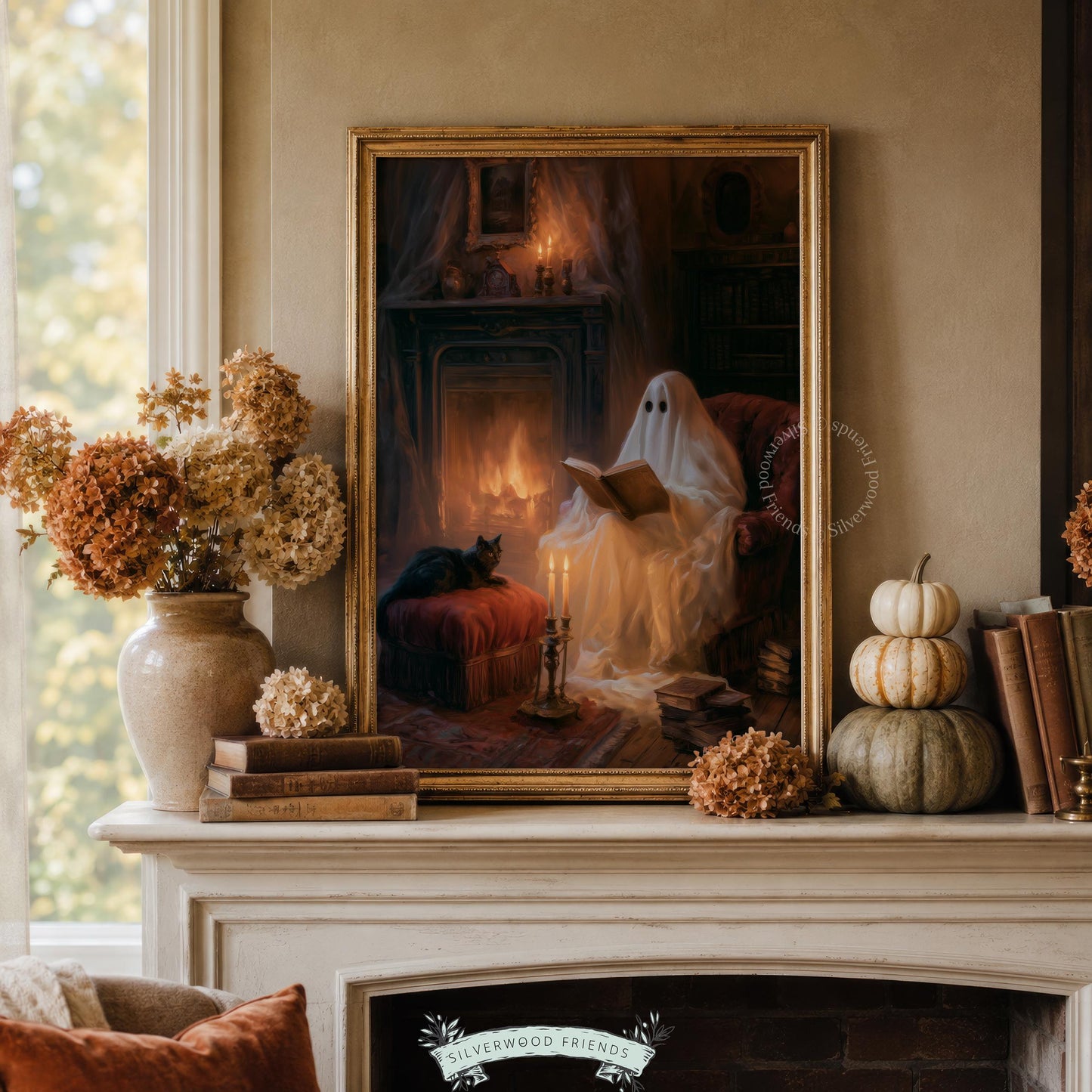 Friendly sheet ghost reading painting for fall decor — cozy season wall art with velvet ottoman and fireplace glow