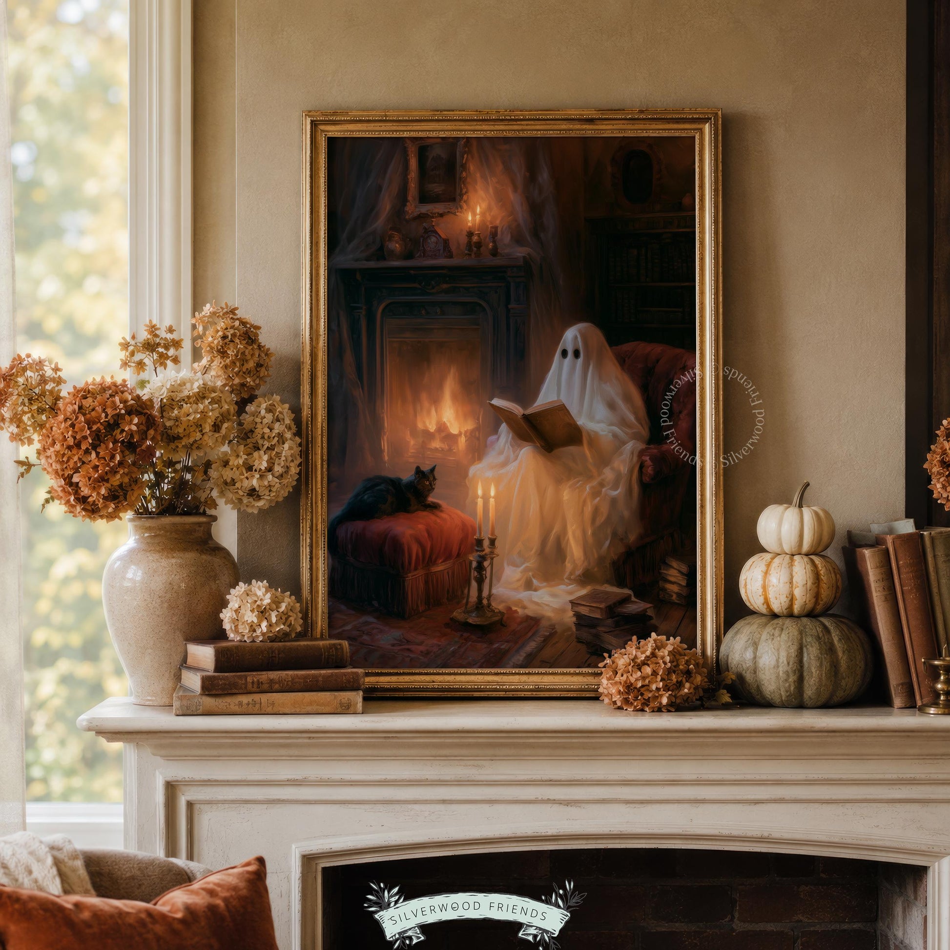 Friendly sheet ghost reading painting for fall decor — cozy season wall art with velvet ottoman and fireplace glow
