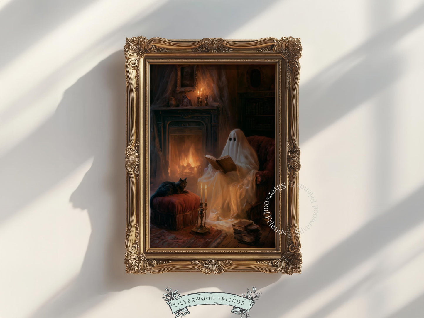 Spooky season digital print featuring ghost reader — moody fireplace scene wall decor for dark academia home