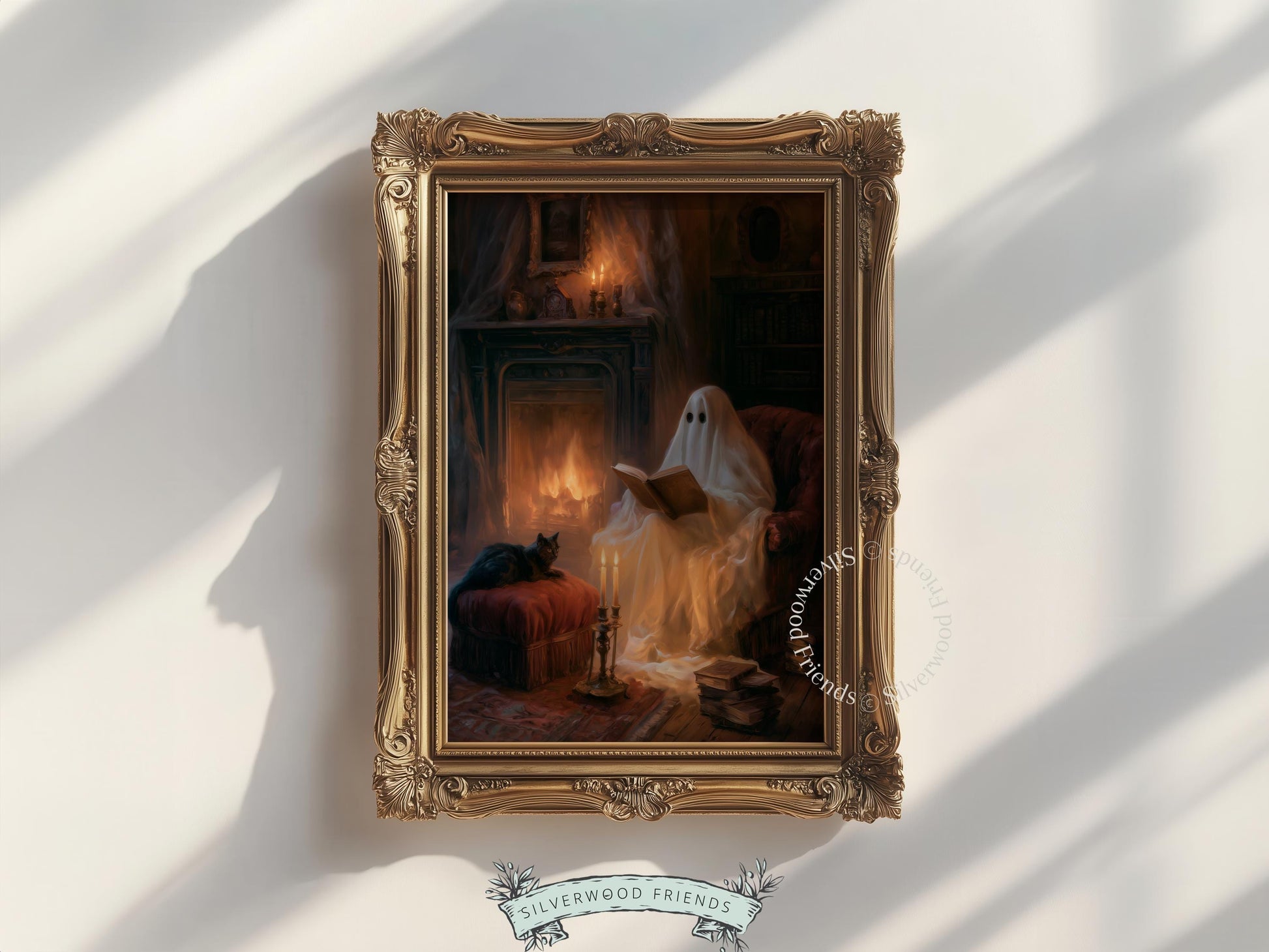 Spooky season digital print featuring ghost reader — moody fireplace scene wall decor for dark academia home