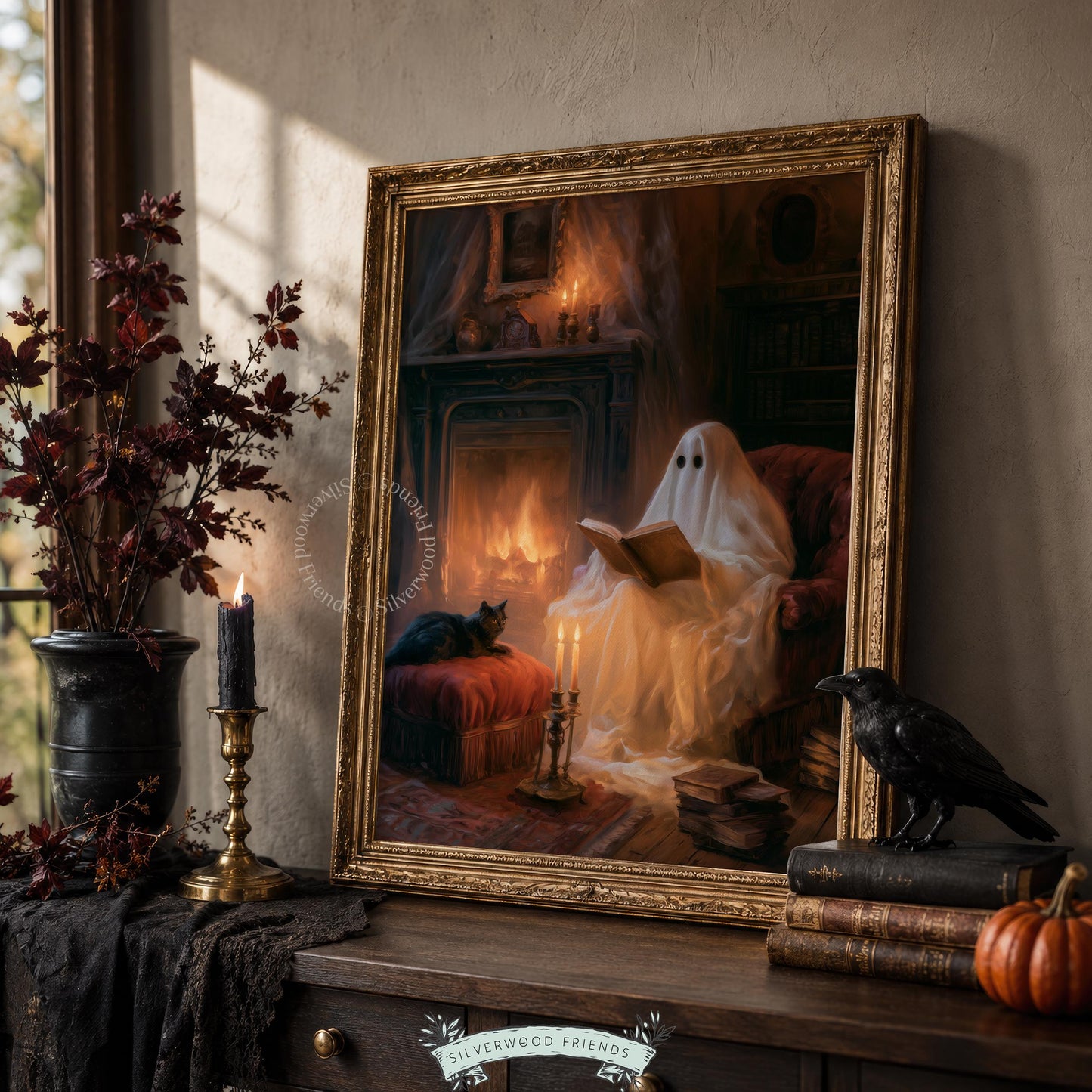Moody Halloween armchair portrait poster — ghostly reader enjoying fireplace warmth with dark atmospheric style