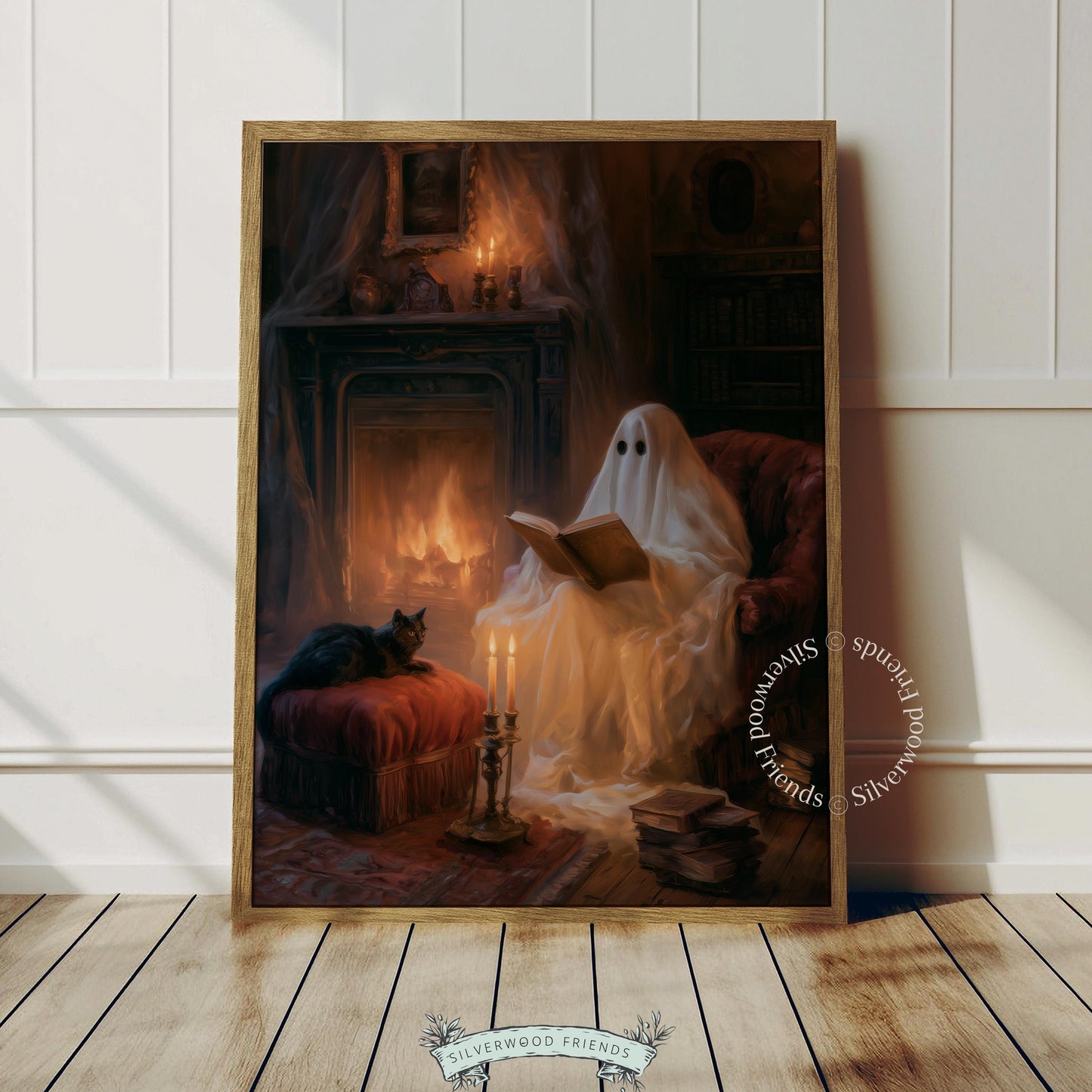 Cozy season printable picture featuring ghost by fire — vintage aesthetic wall decor with gothic autumn mood