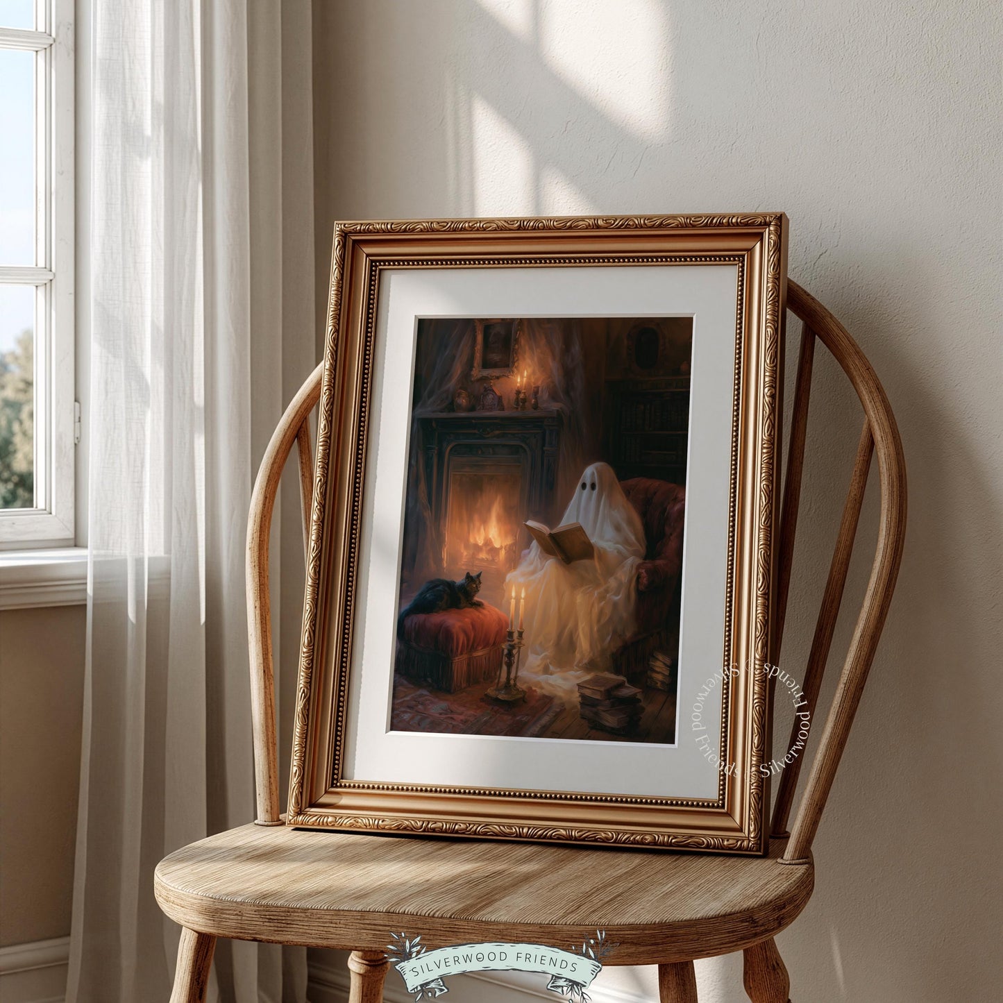 Witchy autumn wall art printable — spirit reading by warm fire with dark cottagecore mood and vintage brushwork