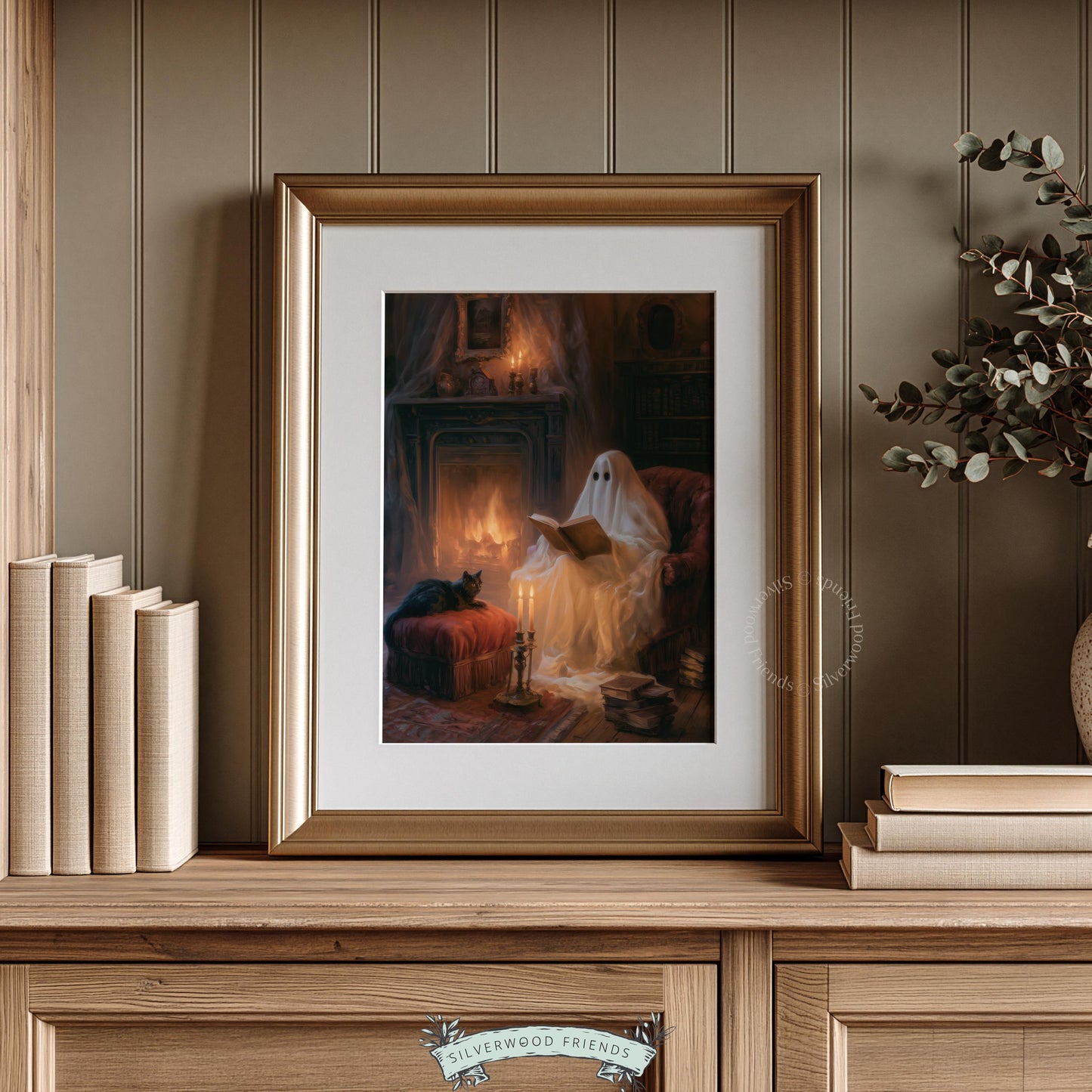 Spooky Halloween home art digital download — sheet phantom reading in candlelit chair near crackling hearth