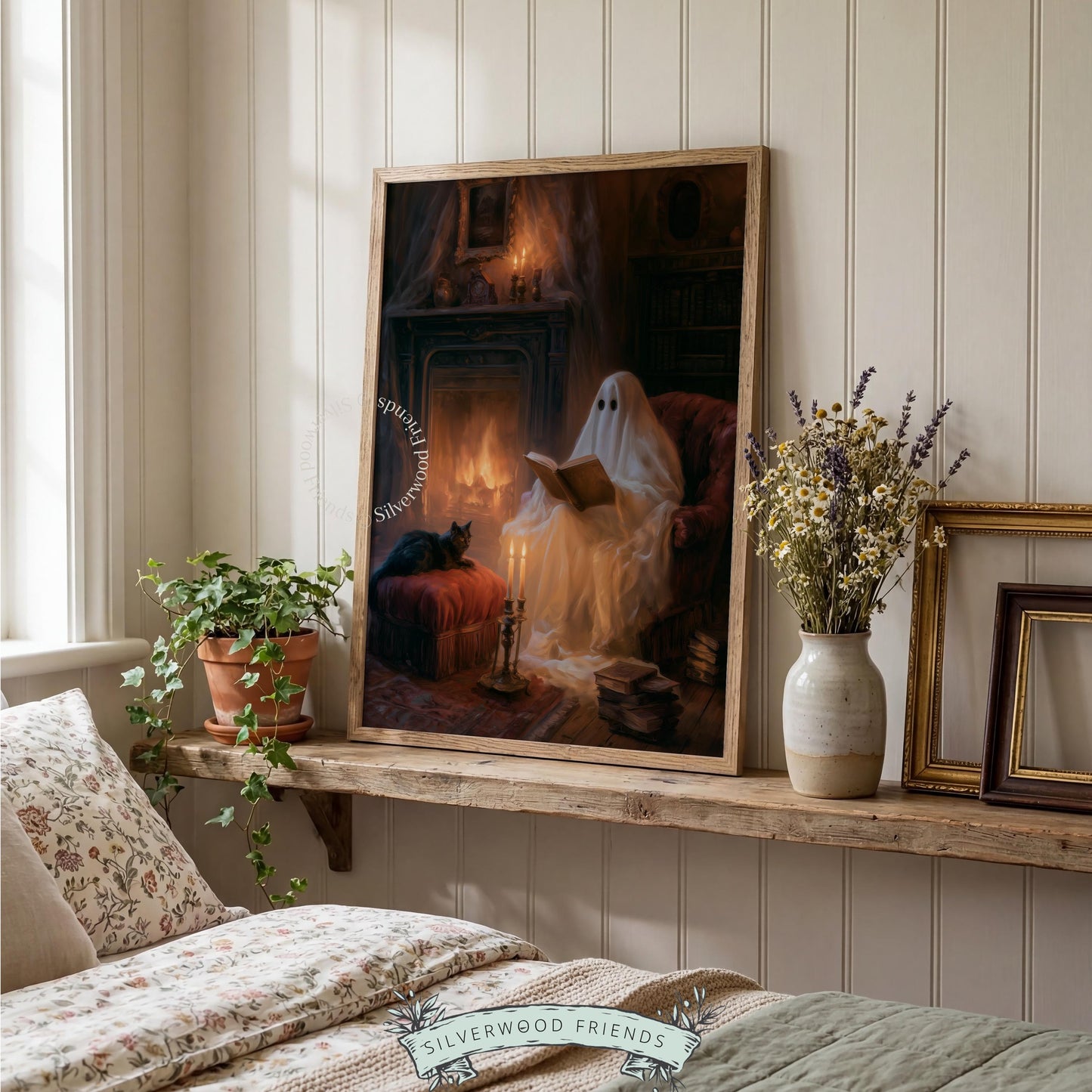 Witchy season digital wall art — spirit character by candlelit fireplace with book and black animal friend