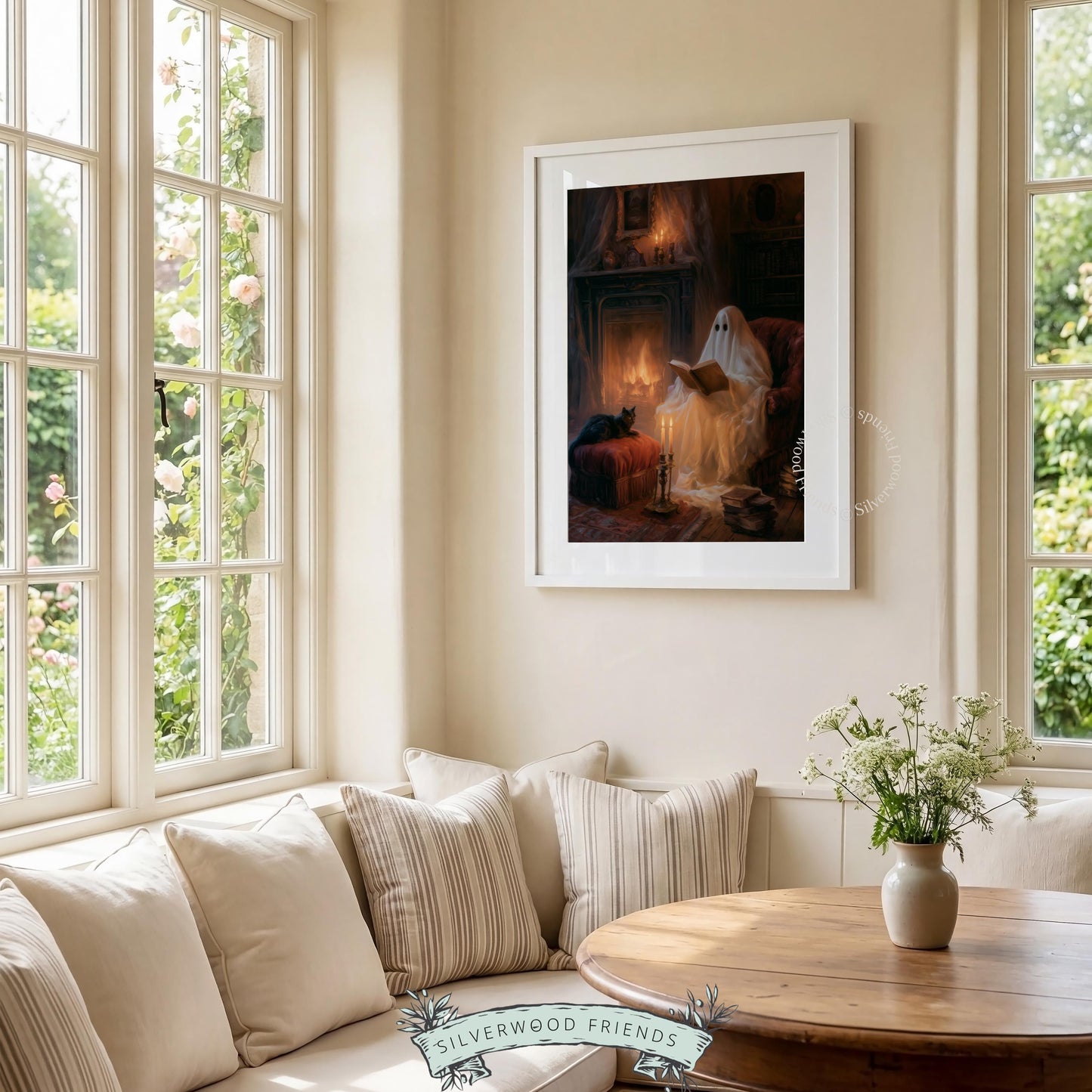Spooky armchair portrait wall art featuring ghost and glowing fire — dark academia printable for bedroom or study