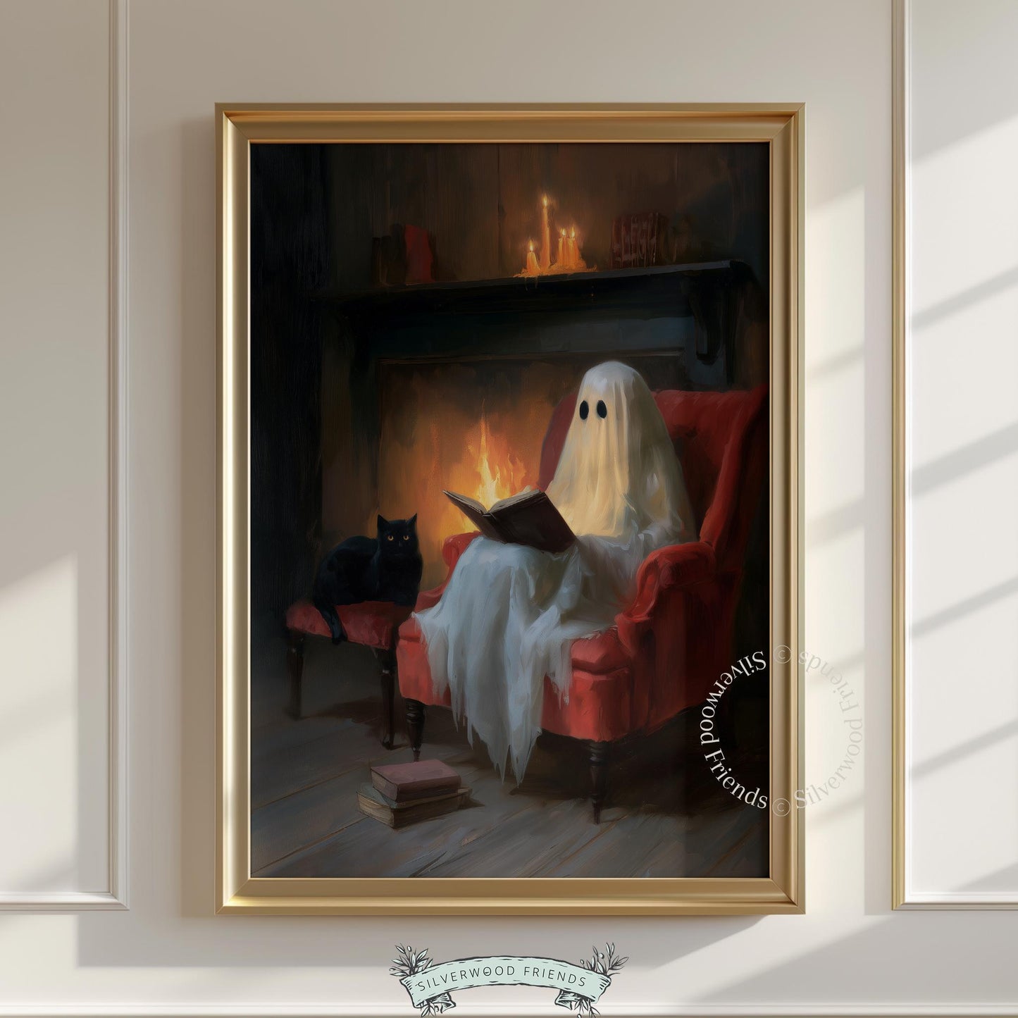 Sheet ghost in red chair digital print for bedroom — cozy gothic cottagecore with stacked books and glowing hearth ambiance