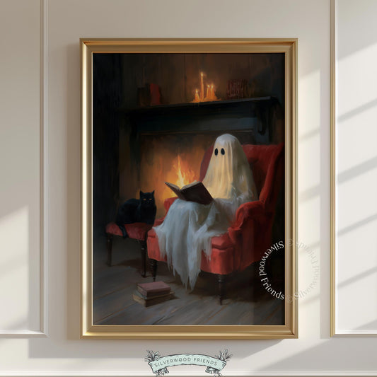 Sheet ghost in red chair digital print for bedroom — cozy gothic cottagecore with stacked books and glowing hearth ambiance